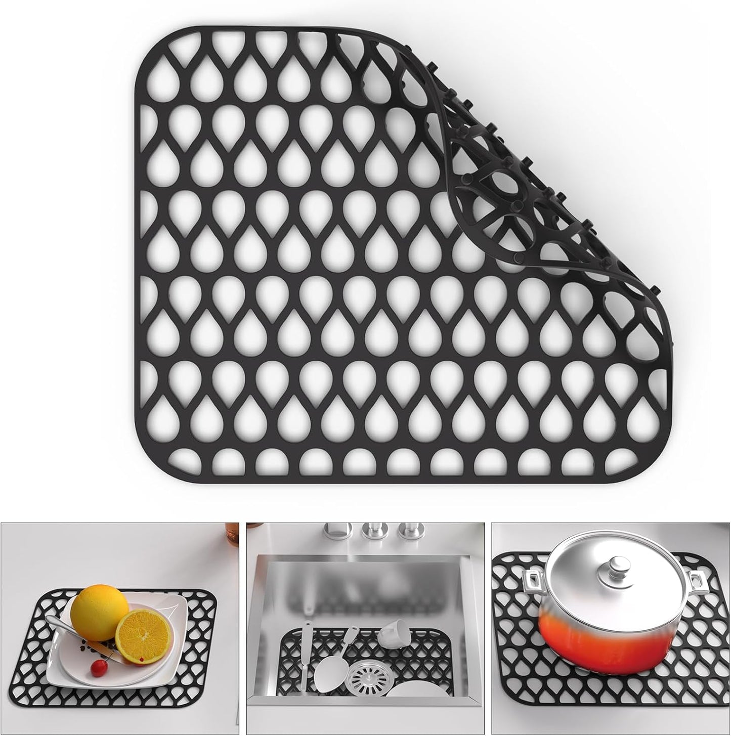 Kitchen Sink Mats,1Pcs TOOVEM 13.6"x11.6" Kitchen Sink Protector Grid for Bottom of Center Drain, Non-slip Heat Resistant Liner for Farmhouse Stainless Steel Porcelain Black