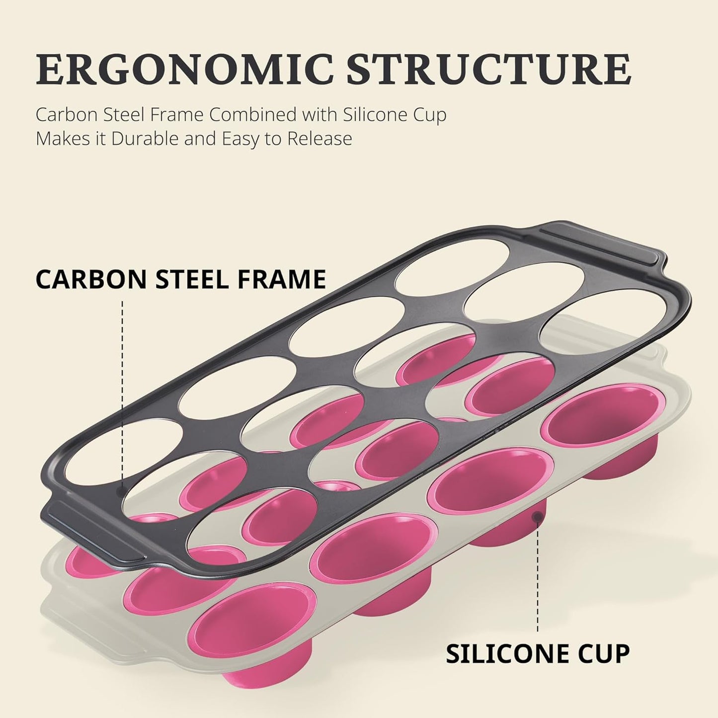 BRONYPRO Silicone Muffin Pans for Baking with Metal Frame, Egg Bite Molds, Cupcake Pans 12 Regular Size, Muffin Tins Easy to Pop Nonstick Non Toxic Bakeware for Oven,Rose Pink