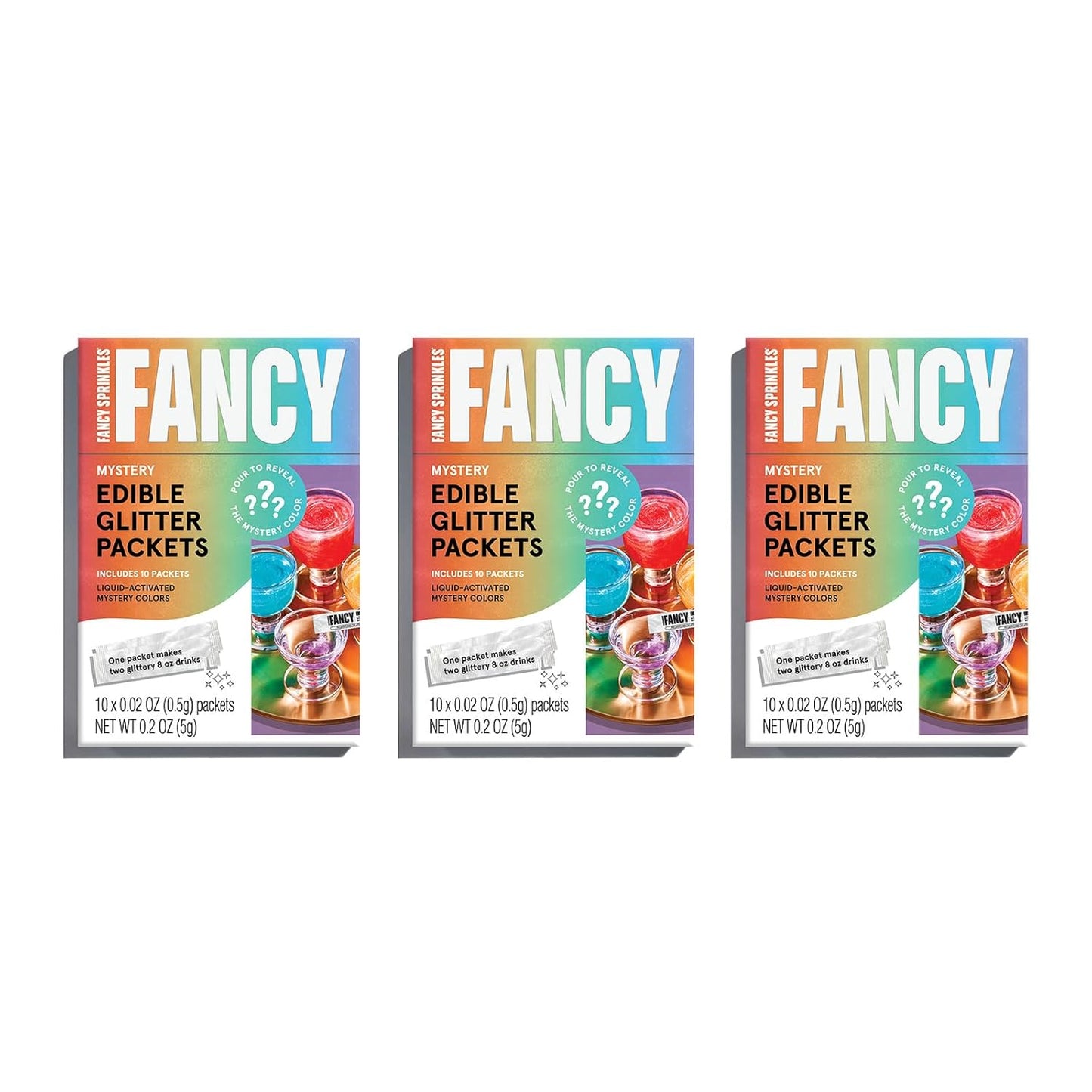 Fancy Sprinkles Mystery Colors Edible Glitter Packets Portable & On-The-Go for Sparkling Drinks, Champagne, Cocktails, Wine, Beer, & more (3 Pack)