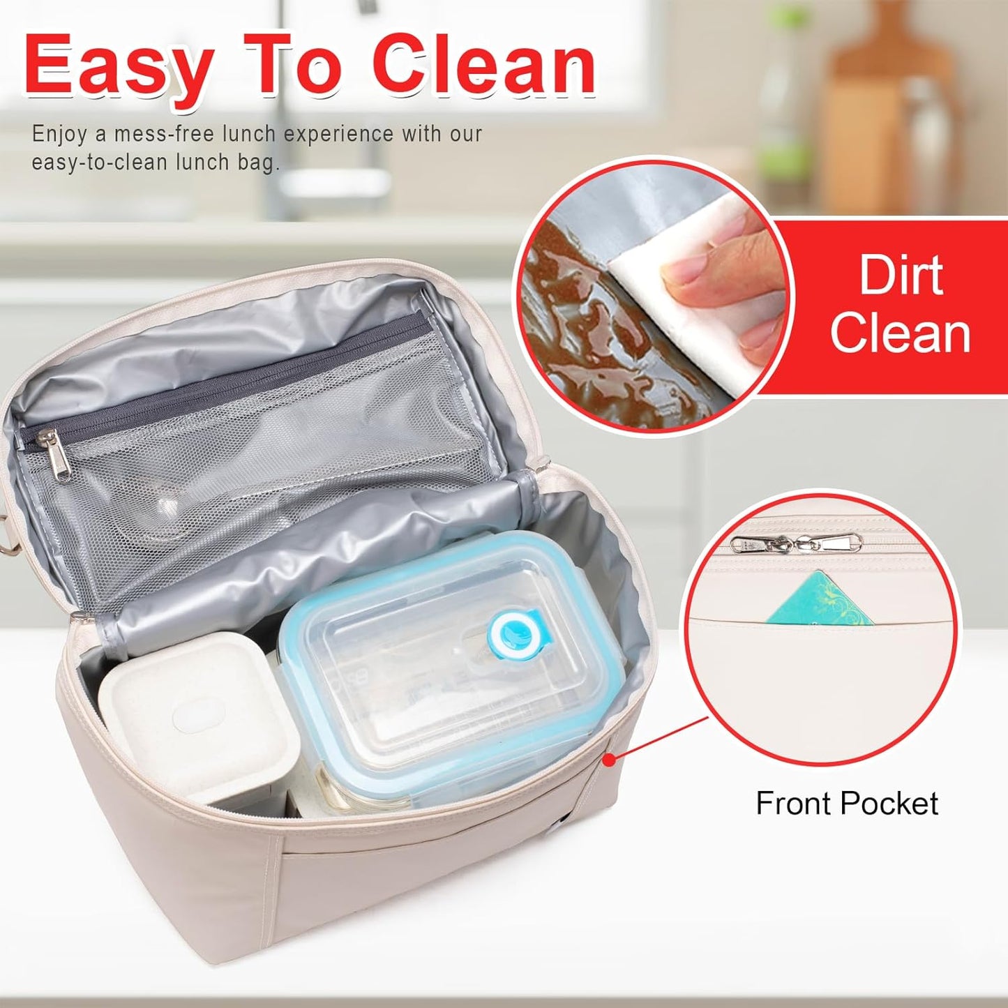 NOL Natural Organic Lifestyle Insulated Lunch Bags for Women Cooler Bag Lightweight Nylon Waterproof Lunch Box For Work（Medium, Cream