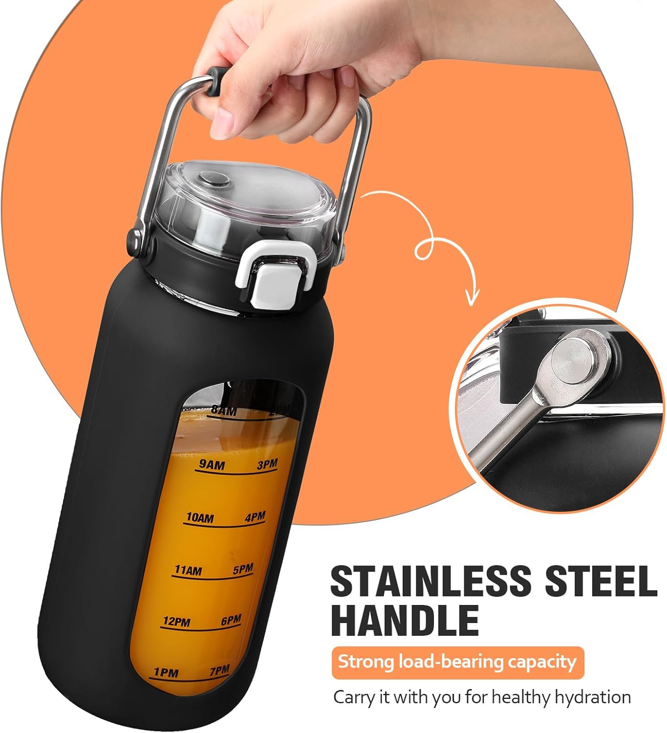 kytffu 64 oz Glass Water Bottle with Straw and Stainless Steel Handle, Half Gallon Water Bottle with Silicone Sleeve and Time Marker, 2L Large Glass Bottle for Gym, School, Travel, Leak-proof (Black)
