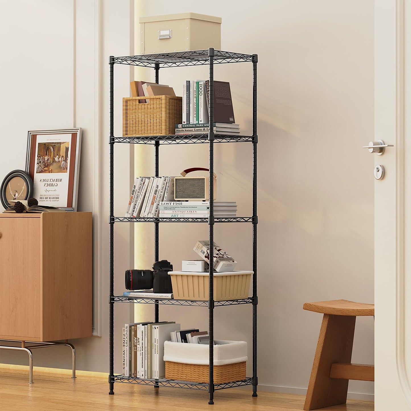 1250 lbs 5 Tier Shelf Metal Storage Shelves Wire Rack Closet Organizers with Wheel for Garage Kitchen Bathroom Laundry Black 13.7" D x 23.6" W x 62.4" H