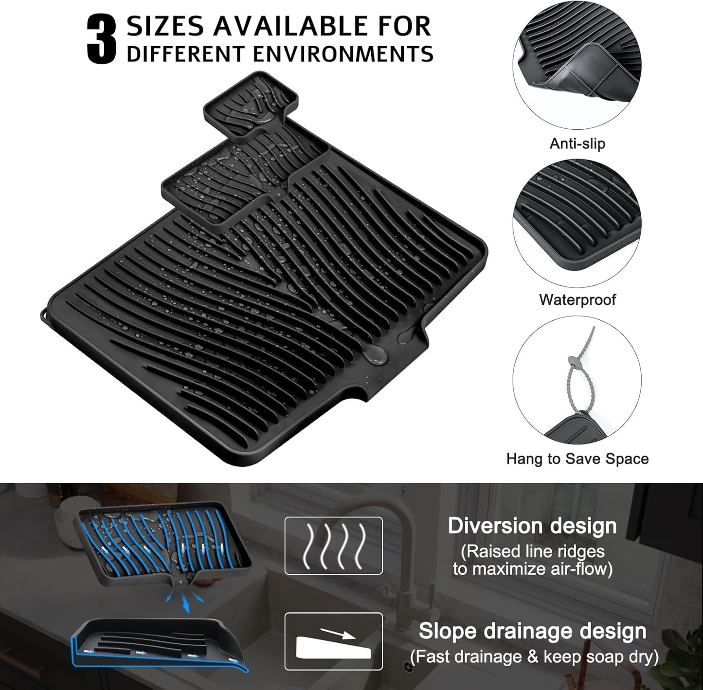 Silicone Dish Drying Mat for Kitchen Counter, Dish Drying Pad, Non-Slip Drain Pad with Built-in Drain, Heat Resistant Stone Drying Mat, 1 set XL(Black)