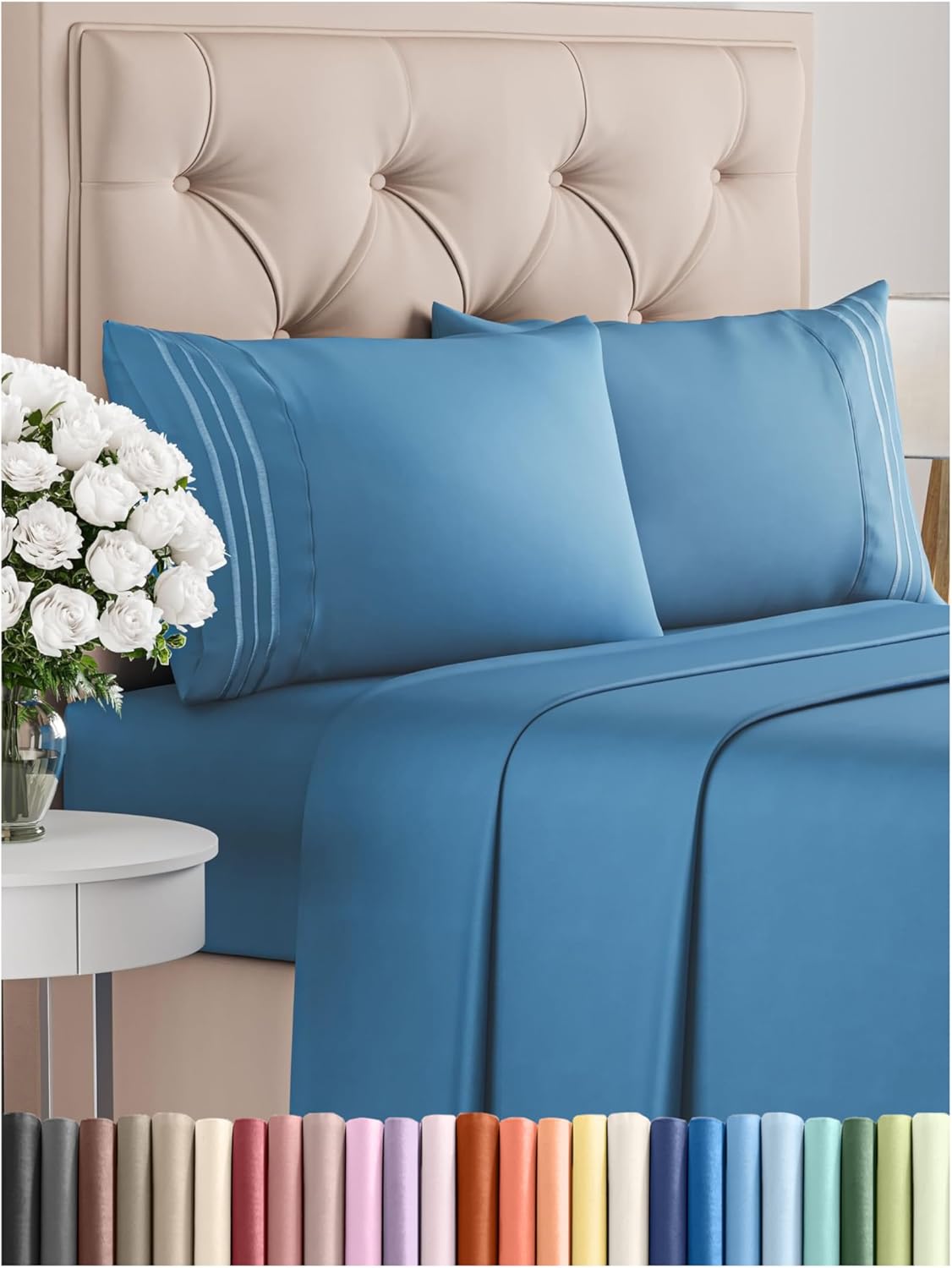 Cal King Size 4 Piece Sheet Set - Comfy Breathable & Cooling Bed Sheets Set - Hotel Luxury Bedding for Women, Men, Kids, Teens, Boys & Girls - Deep Pockets, Soft, Wrinkle Free - Oeko-Tex - Denim Blue