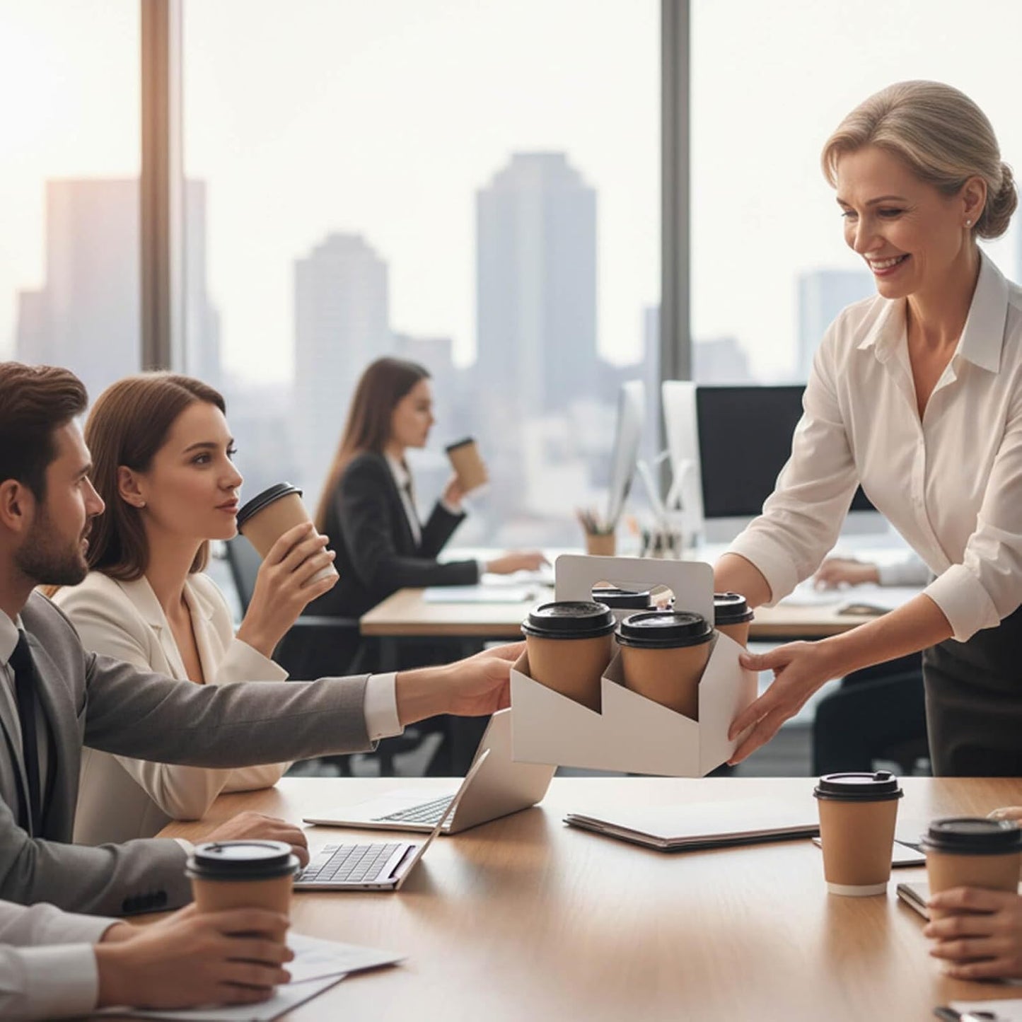 Kraft Paperboard 4-Cup Drink Carrier with Handle, 12-30 oz Coffee Cup Holder, Takeout Beverage Delivery, 15-Pack(Without Cups)