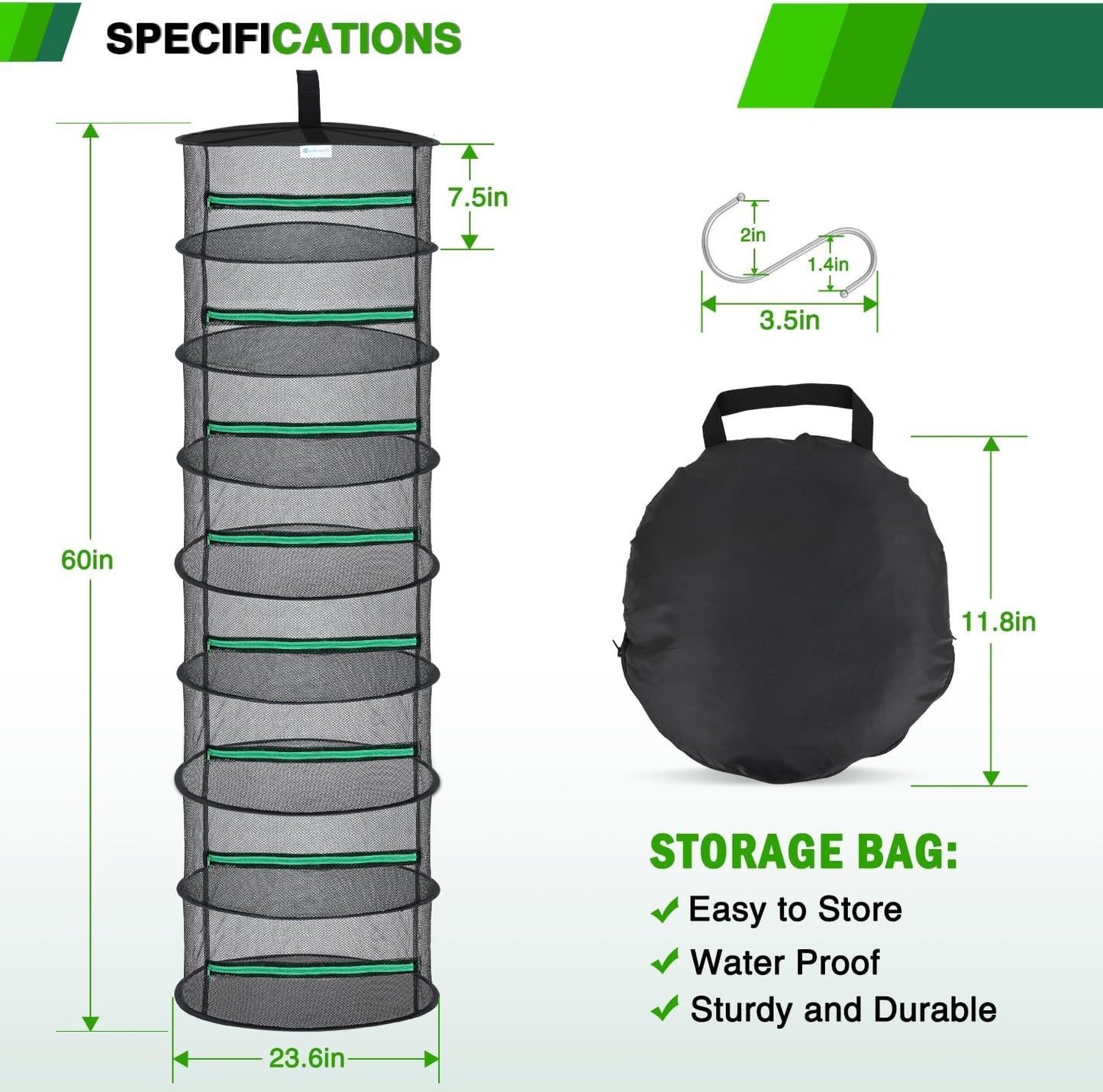 Yesker 8 Layer Herb Drying Rack Hanging Mesh Net Foldable Plant Drying Racks 24" Diameter with Green Zipper & Hook Dryer Hanging Rack for Herbs Seed Bud Fruit Clothes Grow Tent Closets Garden Outdoor