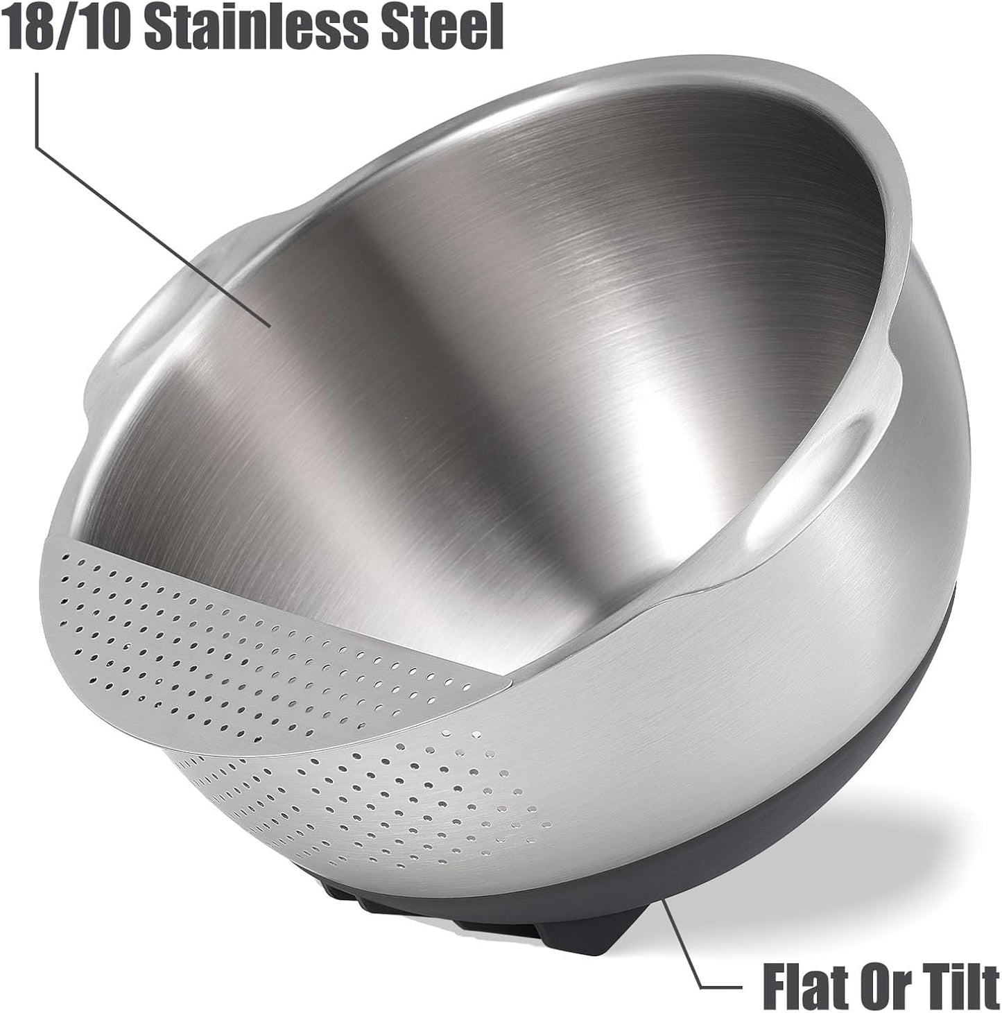 18/10 Stainless Steel Rice Strainer Washer Bowl Versatile Good Grips Colander Tiltable Side Drainers for Washing Cleaning Rinsing Fruits, Vegetables, and Beans - Non-slip Silicone Bottom