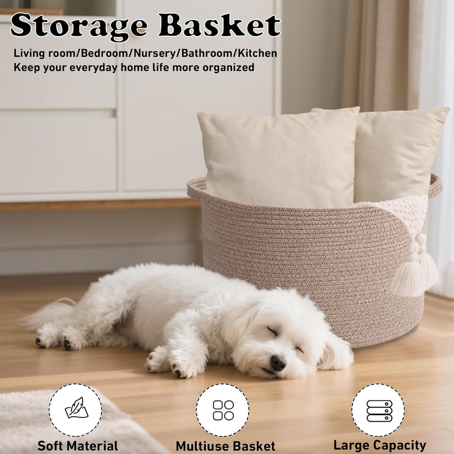 Large Blanket Basket for Organizing,115L Closet Organizers and Storage Bins Box for Shelves Woven Rope Storage Baskets,Living Room,Bedroom,Dorm,Laundry room (Brown)