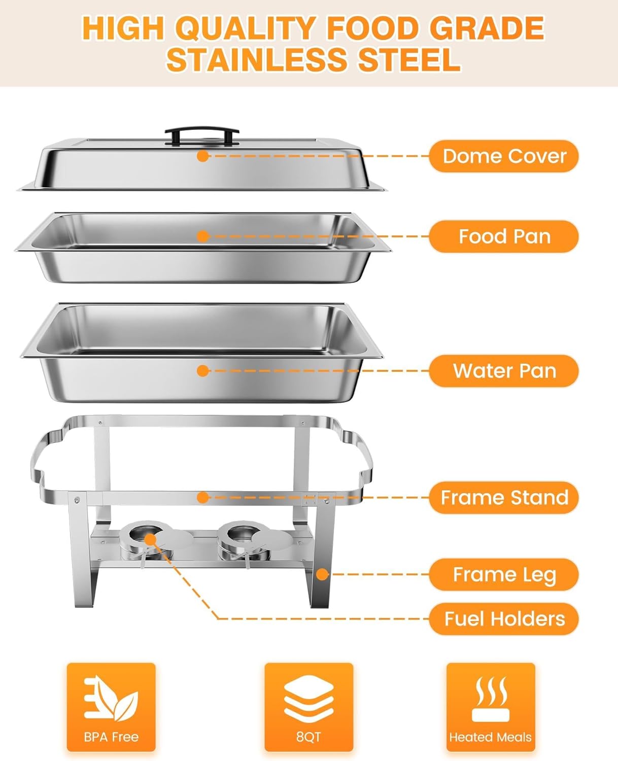 GarveeHome Chafing Dish Buffet Set 6 Pack, 8 QT Food Servers and Warmers Stainless Steel Chafer with Water Pan for Weddings, Parties, Banquets, and Catering