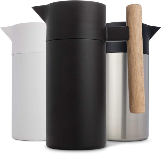 Hastings Collective Thermal Coffee Carafe 40 Oz - Stainless Steel Double Walled Vacuum Insulated Carafe - 1 Liter Thermal Coffee Pot Thermos, Travel Size Beverage Dispenser with Tea Infuser (Black)