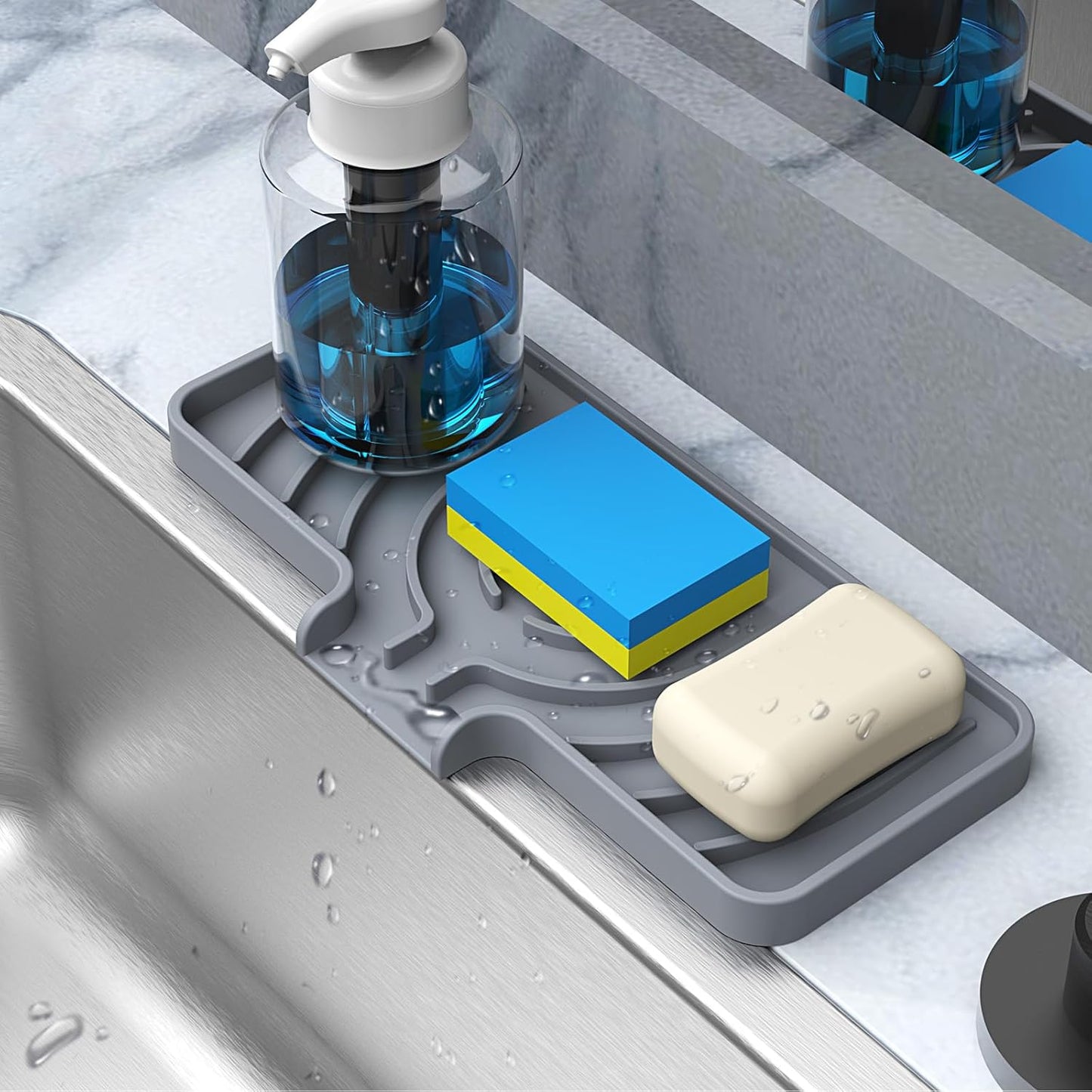 Soap Dish Drying Mat, Sponge Holder & Soap Holder for Kitchen, Bathroom Sink Sponge Drying Rack & Sink Organize Tray for Efficient Storage, Multifunctional Kitchen Organizer(Gray)