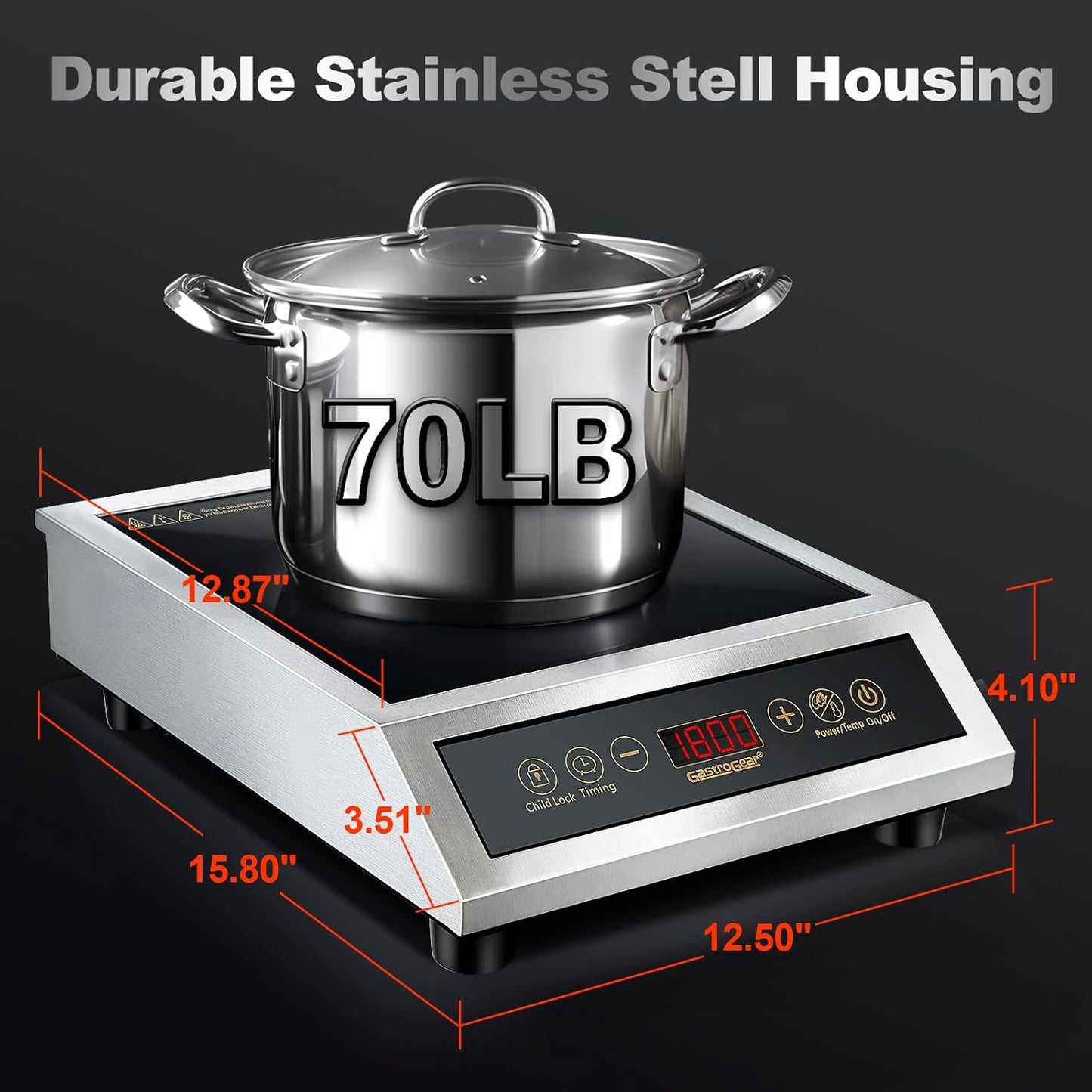 Induction Cooktop, Commercial Electric Stove with 17 Power Levels, 200-1800W, 176~464°F, Child Safety Lock, 18-hour Timer, 1800W Induction Hot Plate Burners for Cooking