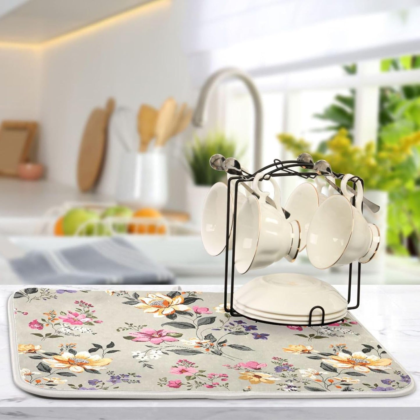 Vintage Flowers Leaves Dish Drying Mat for Kitchen Counter Absorbent Microfiber Drying Pad, Medium 16x18 in, Reversible Drainer Mats