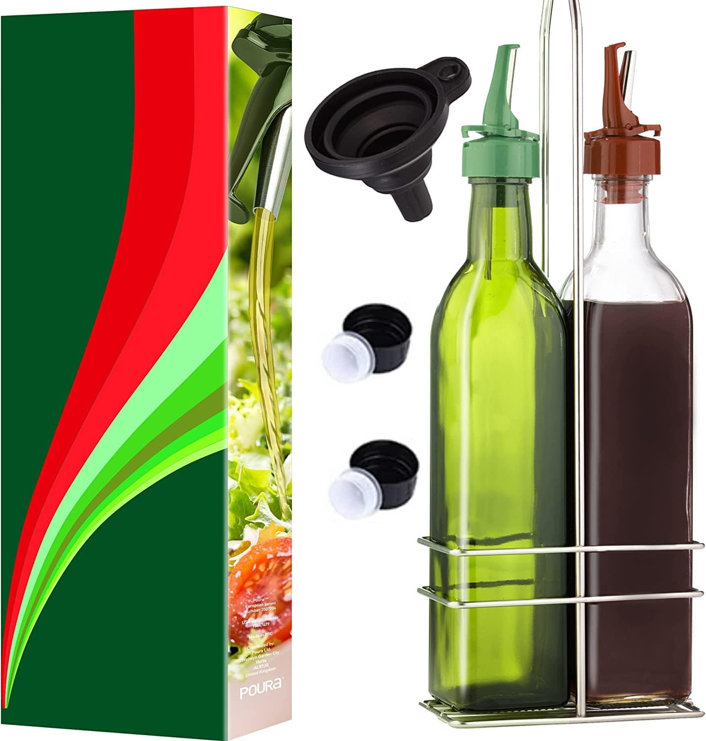 Poura Vinegar and Olive Oil Bottle Drizzler Set with Unique ClickSeal Pour Spouts | Glass Oil & Vinegar Dispenser Bottles for Cooking Kitchen Dining | Hygienic Covers + Silicone Decanter Funnel 250ml