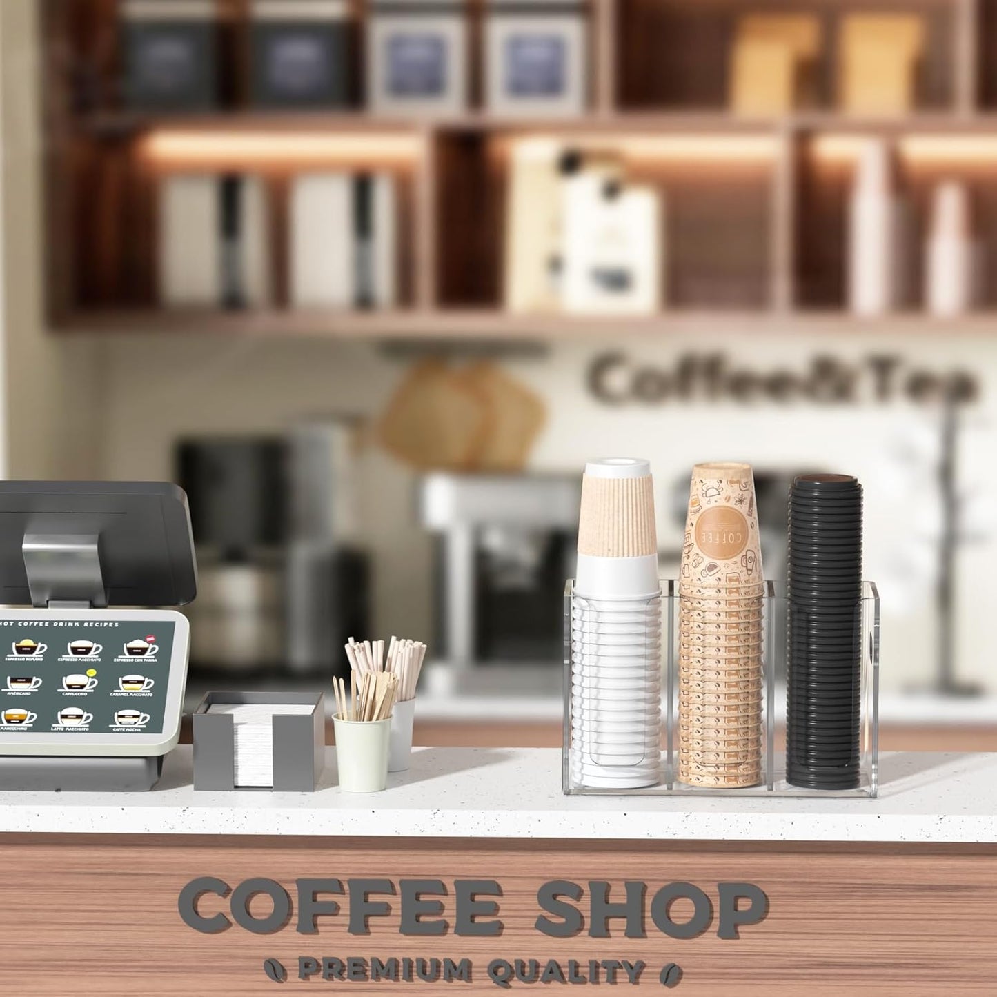 WINFFOR Disposable Cup Organizer Dispenser - 3 Compartments Clear Acrylic Cup and Lid Holder with Handles Plastic Cup Dispenser Countertop Paper Cup Holder for Coffee Bar House Party Essentials