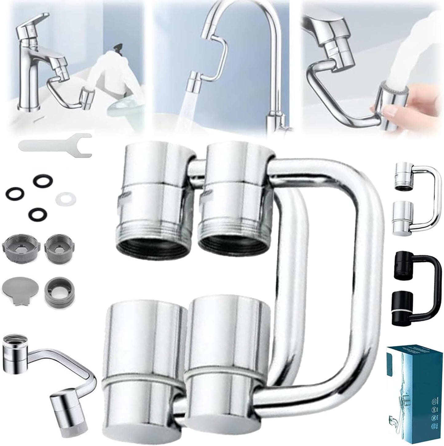 Universal Sink Faucet 1440° Rotatable Faucet Aerator Extension, U Shaped Faucet Extender for Toddlers, Flexiflow 1080° Rotating Faucet Extender for Bathroom Sink/Kitchen, 2 Modes Adjustable (2*Silver)