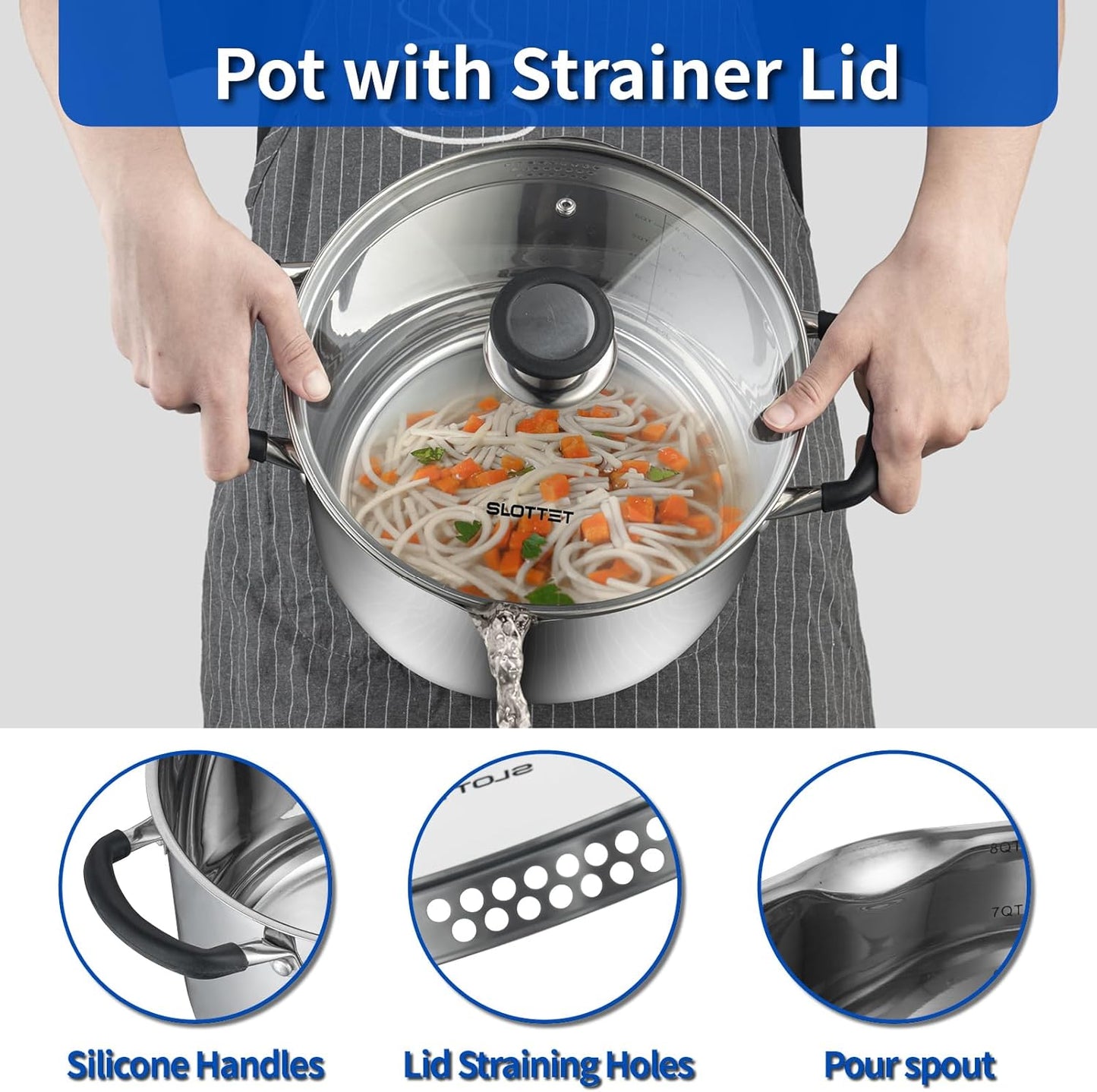 6 Quart Stainless Steel Stock Pot with Strainer Glass Lid,6 Qt Soup Pot Multipurpose Stockpot with Pour Spout,Stay-cool silicone Handle.