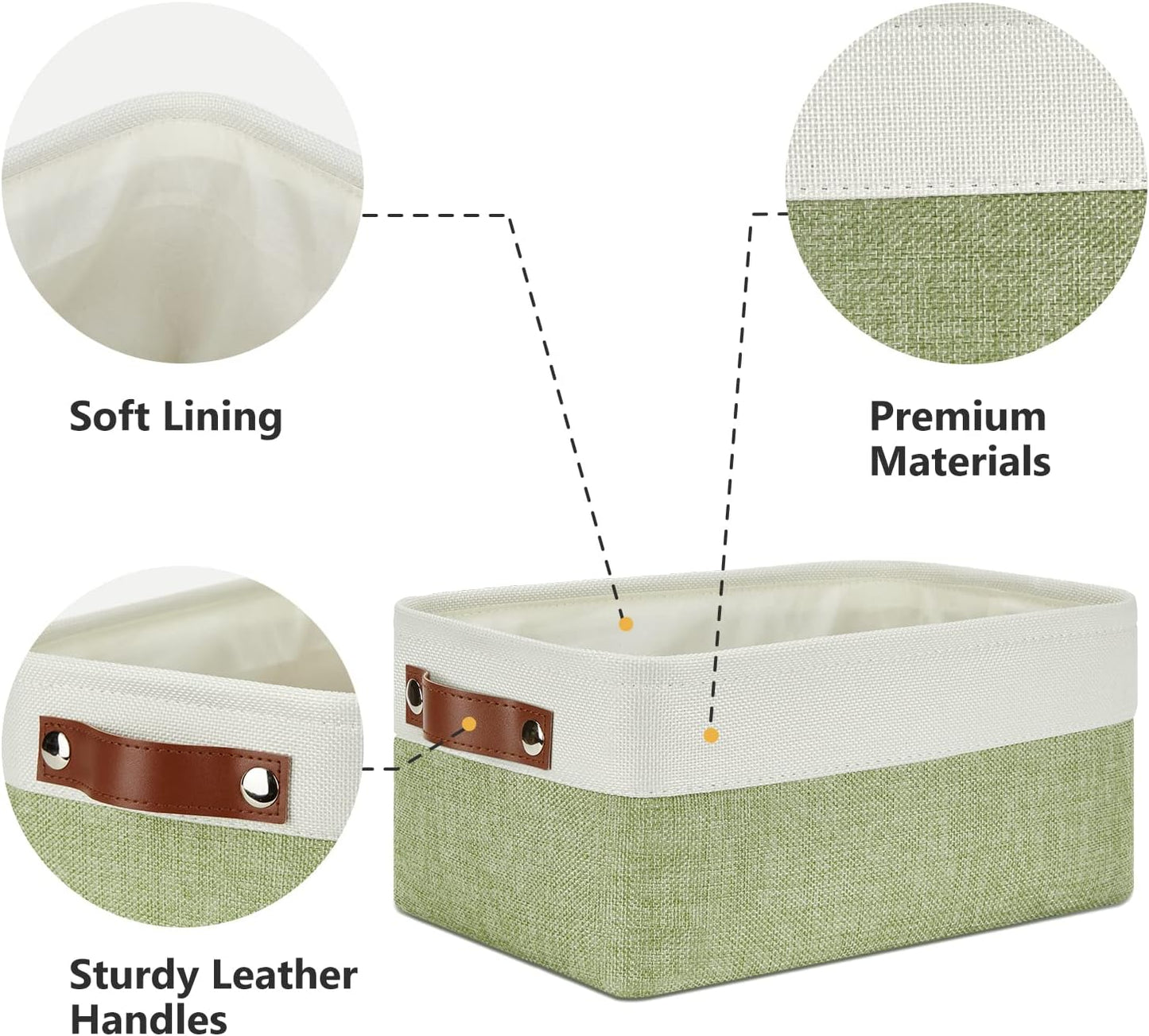 DULLEMELO Storage Baskets for Shelves, Small Fabric Collapsible Rectangular Storage Baskets for Organizing, Closets, Nursery, Home, Office, Empty Gift Baskets (6-Pack, White&Green)