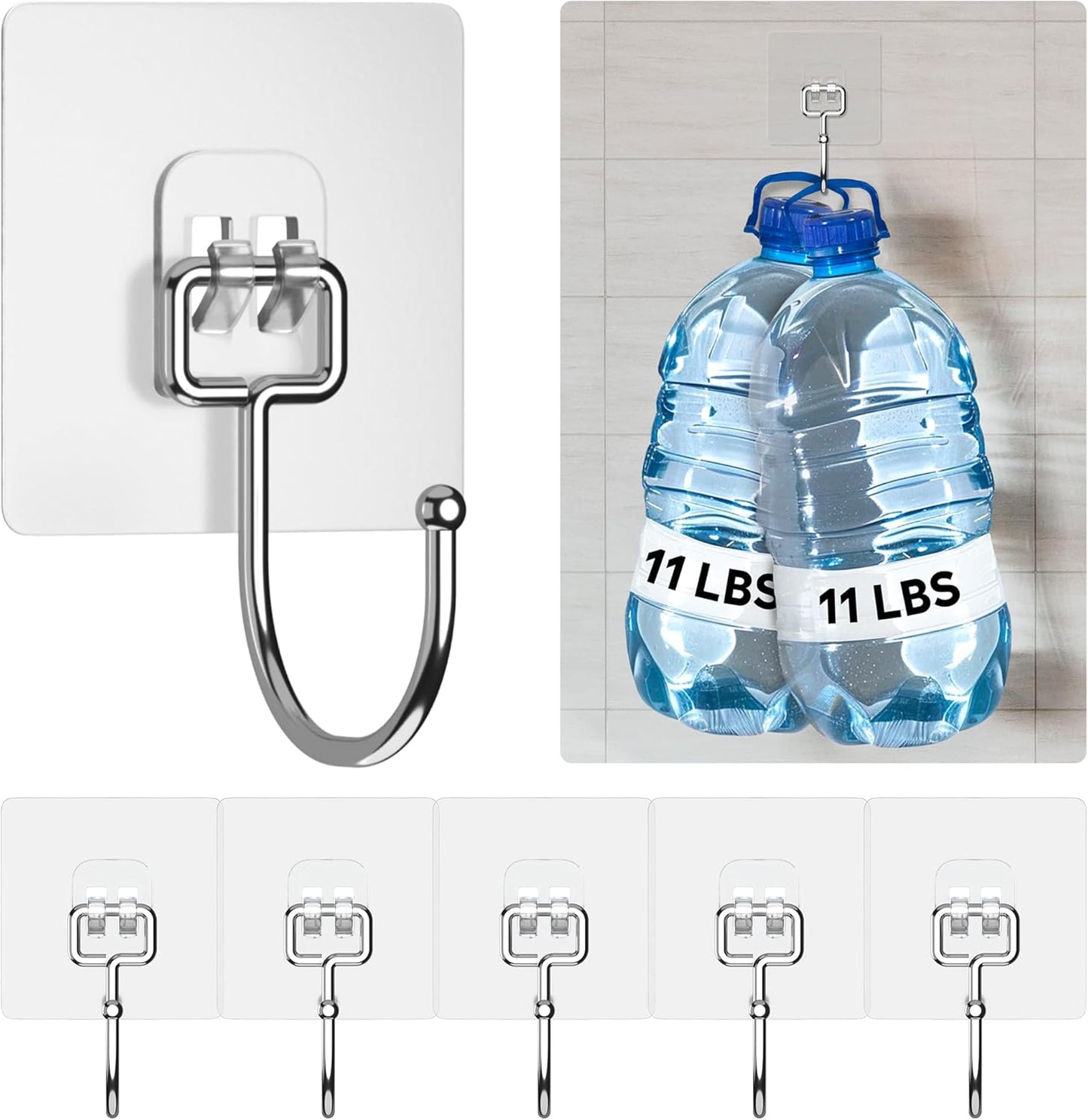 GLUIT Adhesive Large Wall Hooks for Hanging Heavy Duty 22 lbs Hook for Walls No Damage (6 Large Hooks)