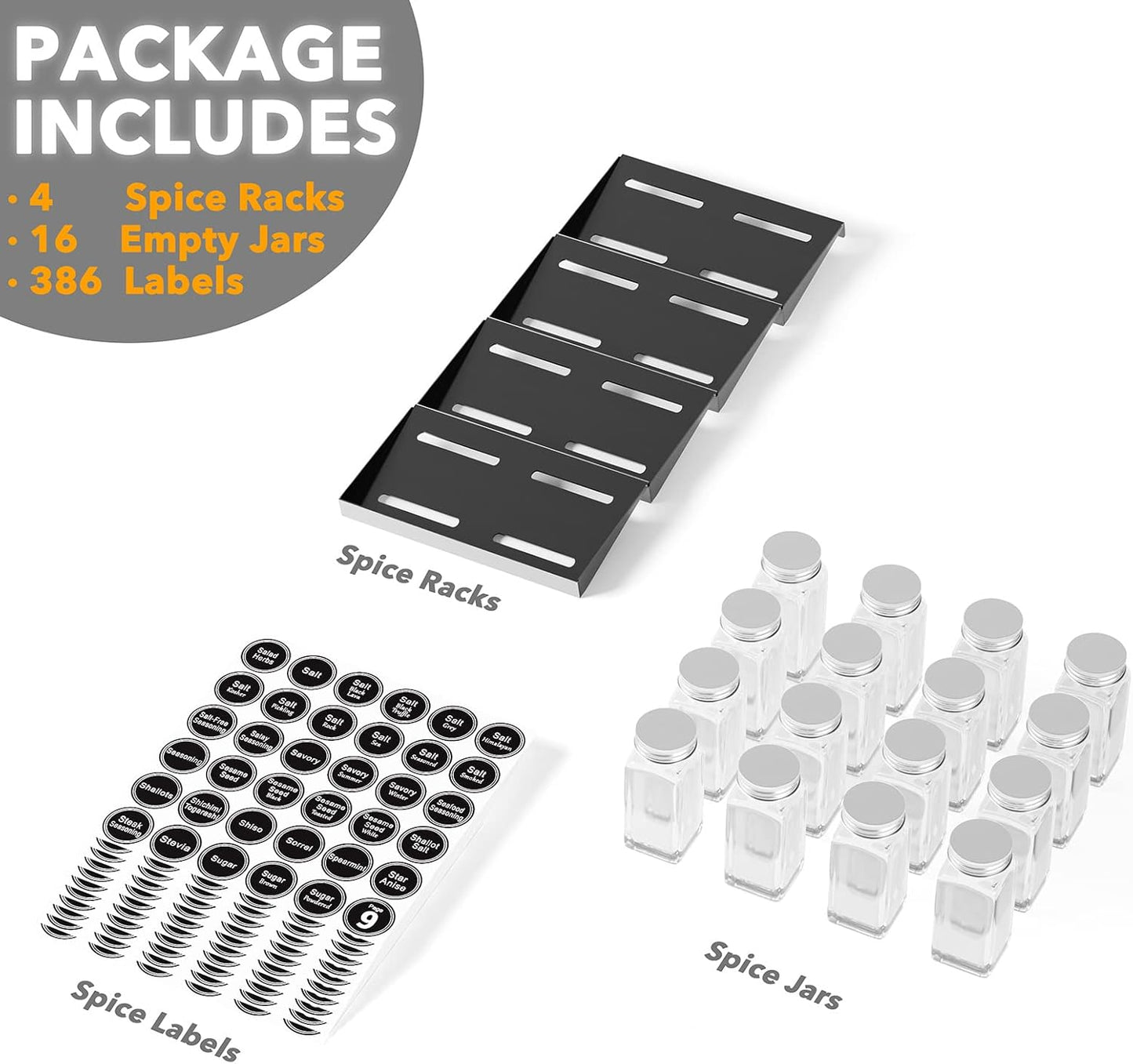 SpaceAid Spice Drawer Organizer with 16 Spice Jars, 386 Spice Labels, 4 Tier Seasoning Rack Tray Insert for Kitchen Drawers, 7.5" Wide x 17.5" Deep