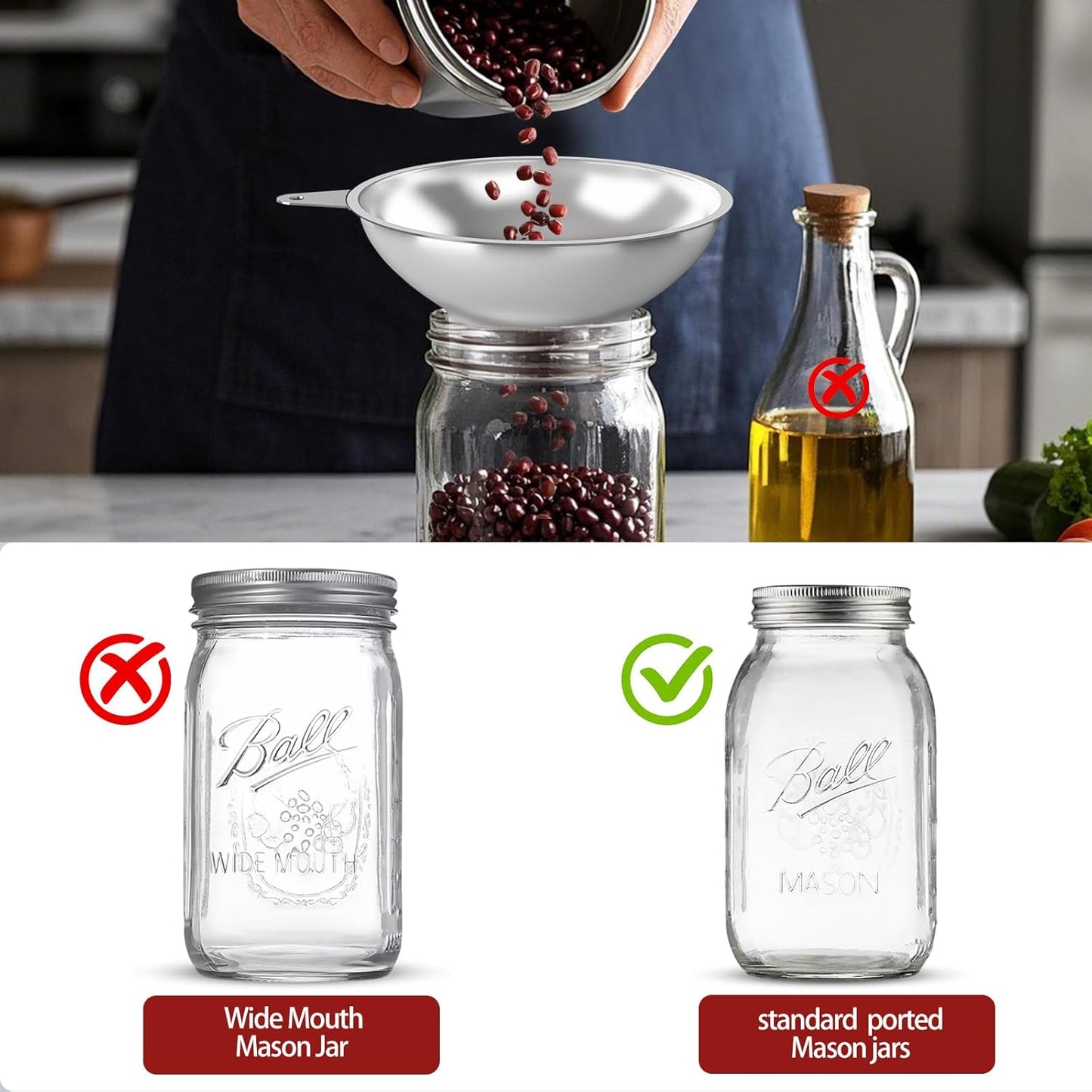 Stainless Steel Metal Canning Funnel with Removable Strainer, for Jams, Pickles and Home Preserving, Dishwasher Safe Kitchen Tool (2.26 Inch Standard Bore for Standard Mouth Mason Jars).