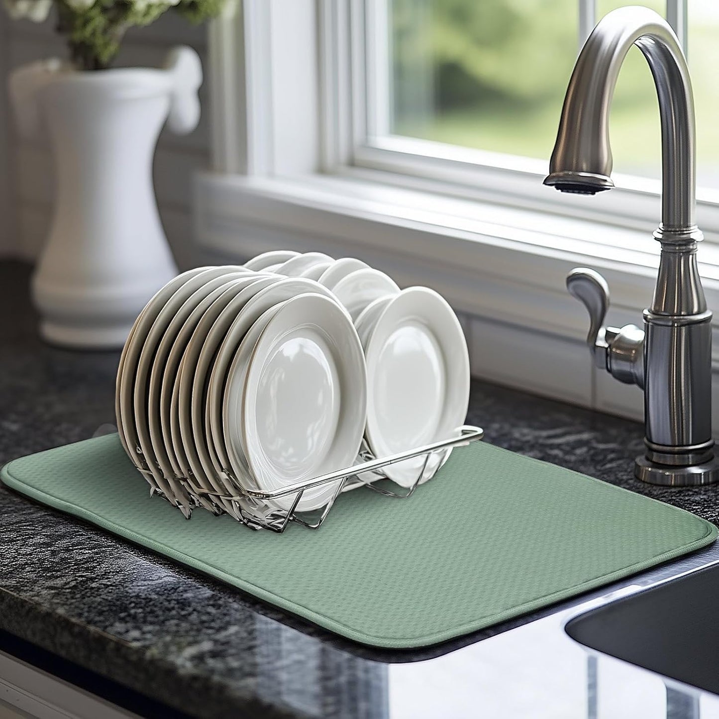Sage Green Dish Dryer Mat, Dish Drying Mats For Kitchen Counter, Large Dish Drying Pad for Kitchen Counter, Microfiber Dish Drying Mat, for Sinks, Drainer Mats, 20 x 15 inches (Green)