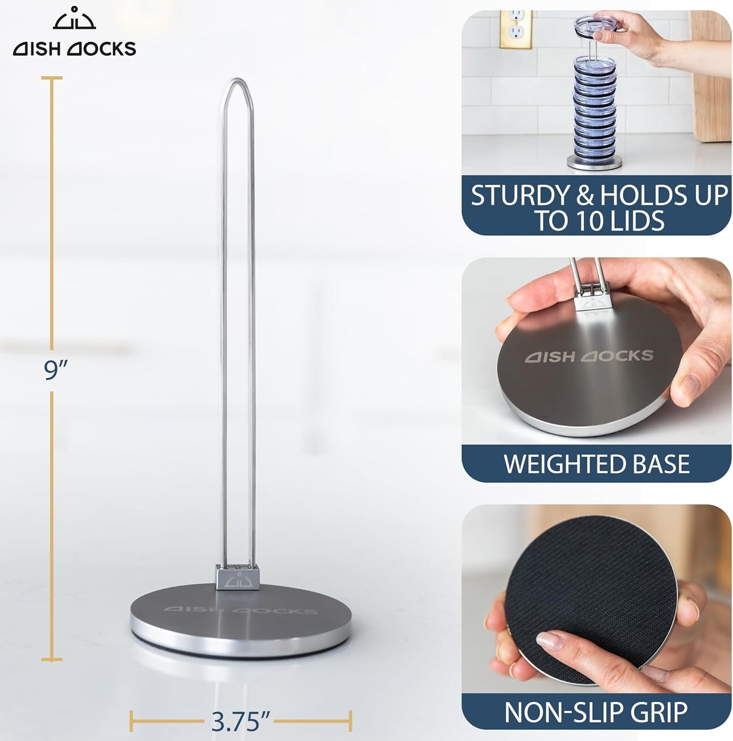 Tumbler Lid Organizer for Cabinet & Countertop - Slim Space-Saving Lid Holder with 9" Sturdy Bar & Weighted, Non-Slip Base - Vertical Storage Cup Lid Organizer - Collapsible Lid Rack for 10 Lids