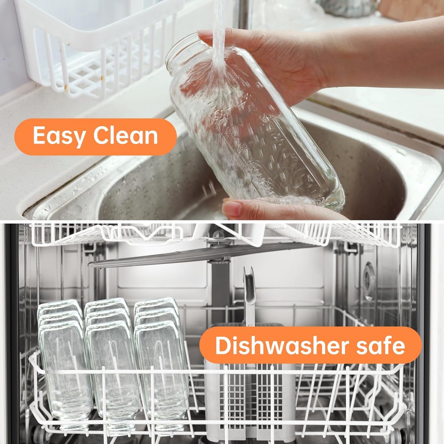 STARSIDE 32 oz Glass Juice Bottles with Lids 4 Pack - Square Reusable Drinking Jars for Juicing, Milk, Kombucha - Includes 1 Bottle Brush, 6 Colored Labels