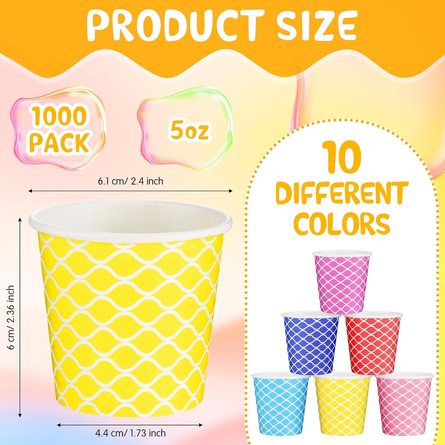 Thenshop 1000 Pieces 5 oz Wave Multicolor Paper Disposable Cups Colorful Small Kid Mouthwash Cups for Coffee Drinking Beverage Travel Picnics Barbecues Party, 10 Colors