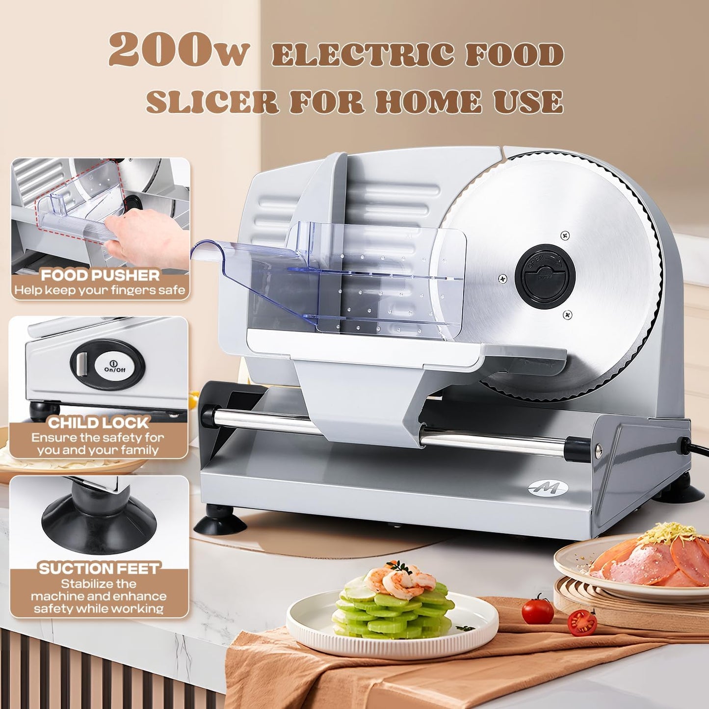 Moongiantgo Meat Slicer 200W With 2 Removable 7.5’’ Stainless Steel Blades, Deli Food Slicer 0-15MM Thickness Adjustable, Child Lock Protection, Meat Fruit Cheese Bread Slicer Machine, 110V