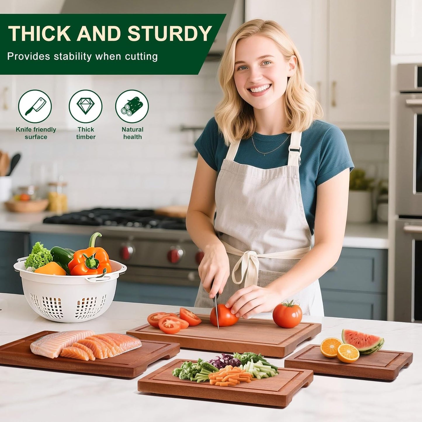 Wooden Cutting Board Set of 4 with Holder Non Toxic Solid Sapele Wood Chopping Boards for Kitchen with Juice Grooves Thick Large Cutting Board (9x7 to 16x12 In) for Meat Vegetables Cheese （Brown）