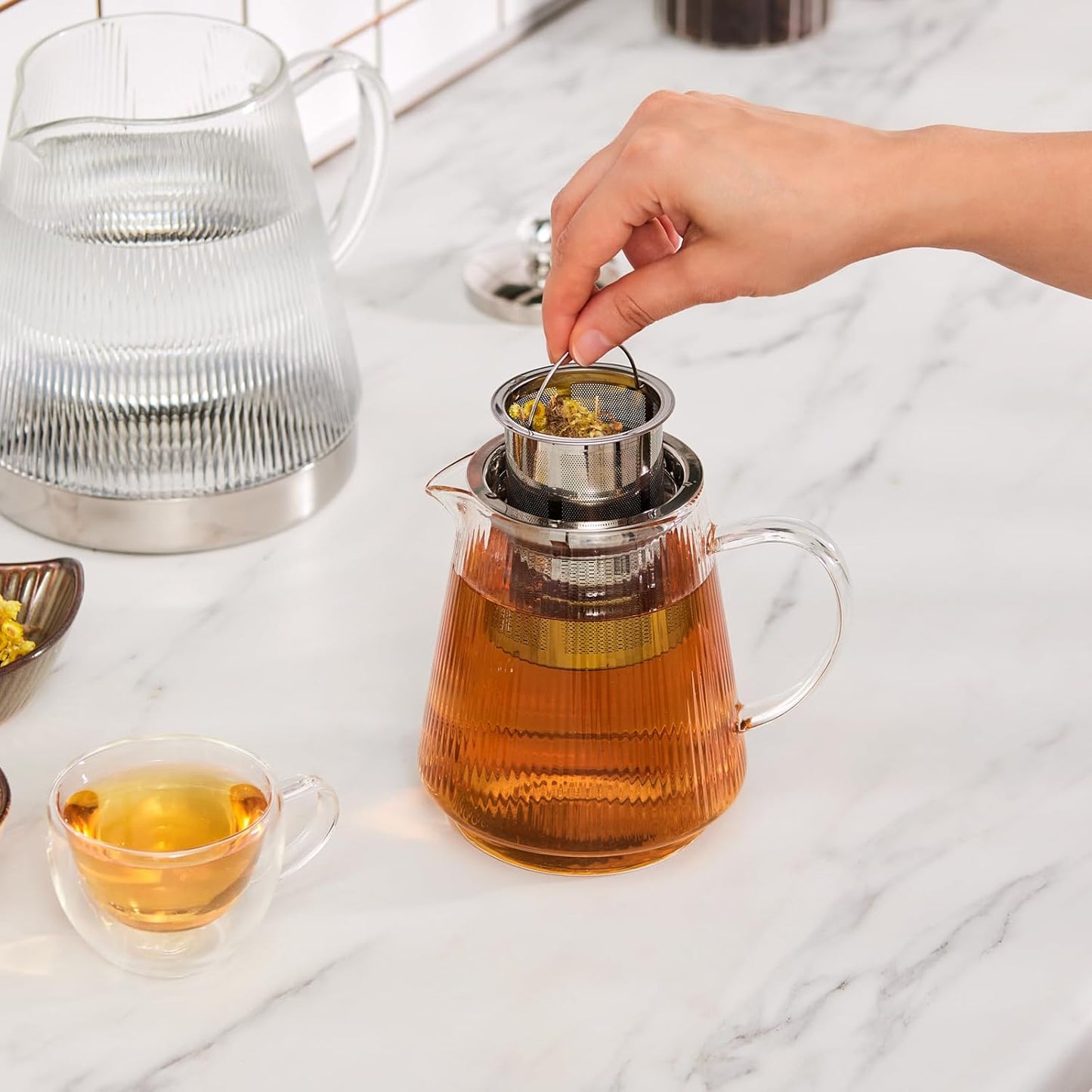 Karaca Keops XL Borosilicate Glass Teapot with Infuser and Lid for Stovetop, Transparent Silver, 1L Tea Pot & 2L Tea Kettle Set for Loose Leaf & Herbal, Dishwasher Safe