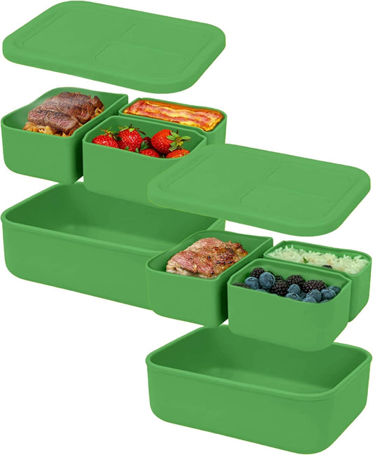 Platinum Silicone Bento Lunch Box Set of 2 – 3 Compartments, Leakproof, Versatile, Durable, Microwave & Freezer Safe, Meal Prep Container, Food Storage for All Ages (Watermelon Green)