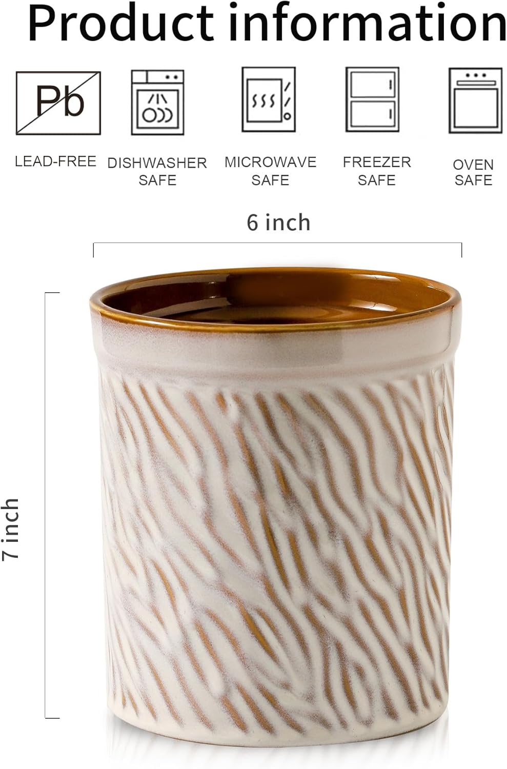 HVH Kitchen Utensil Holder for Countertop, 6 x 7 inch Large Utensils Holder, Ceramic Utensil Crock, Farmhouse Kitchen Décor, Big Utensil Holder, Deep and Heavy, Texture (Sand Color)