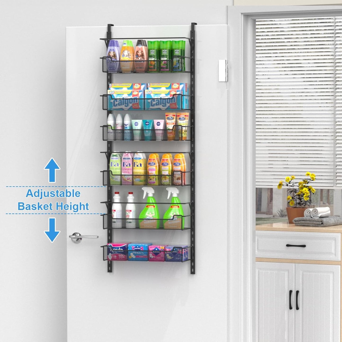 Over the Door Pantry Organizer, 6-Tier Over the Door Organizer with Adjustable Basket, Pantry Door Organization for Pantry Kitchen Storage Room Spice Rack, Black