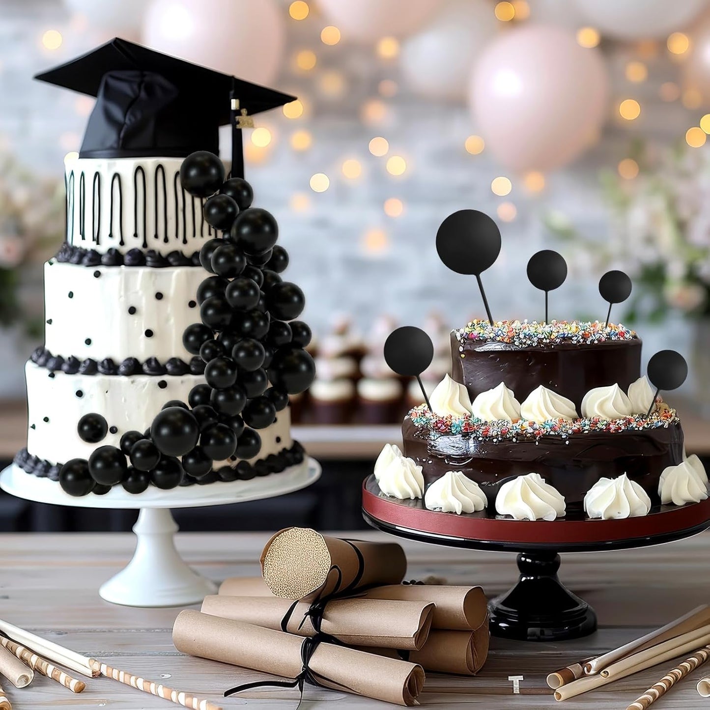 48 Pcs Balls Cake Topper Decorations Balloon Cupcake Toppers Foam Cake Topper Balls Cake Balls Decorations for Birthday Party Wedding Anniversary Cake Decorating (Black)