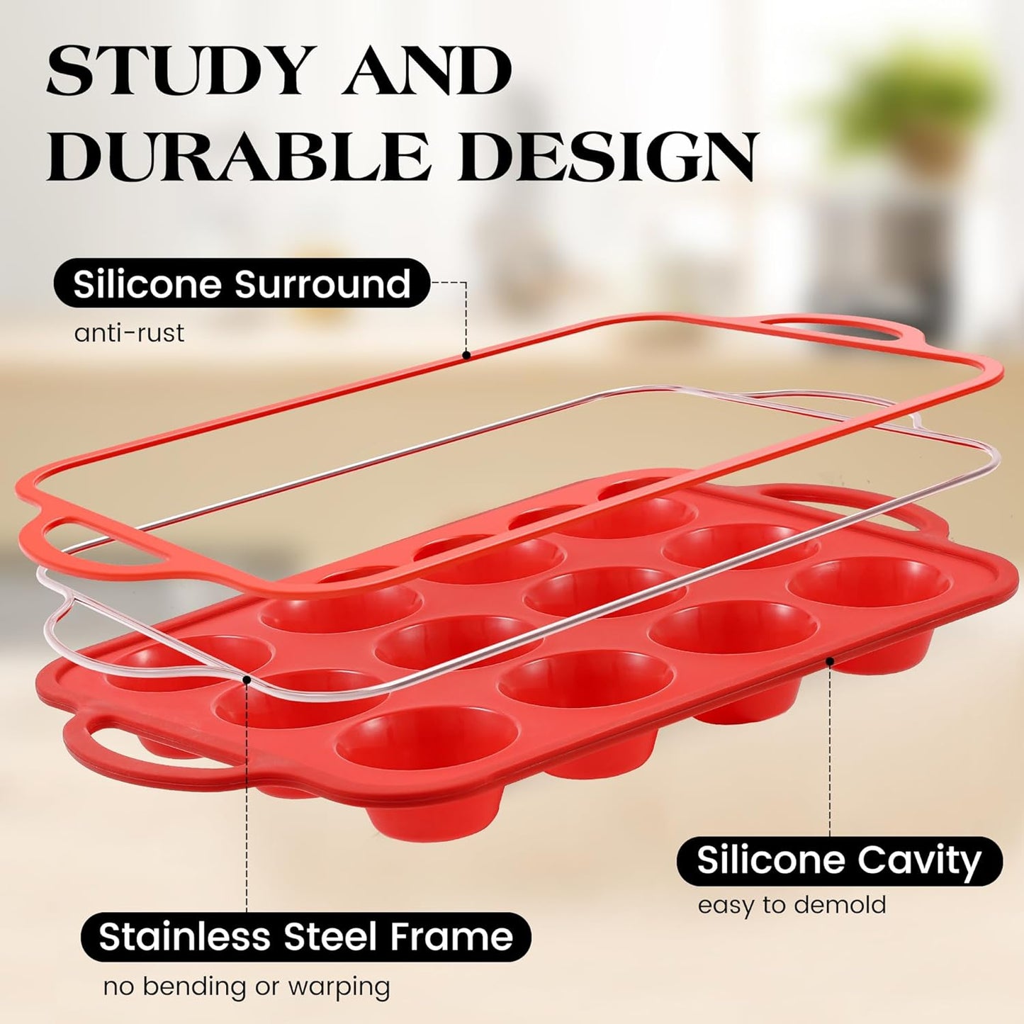 2 Pcs Silicone Muffin Pan for Baking with Metal Frame, Nonstick 12 Cup Regular Size Cupcake Pan, Silicone Muffin Tray for Egg Bites (Red)