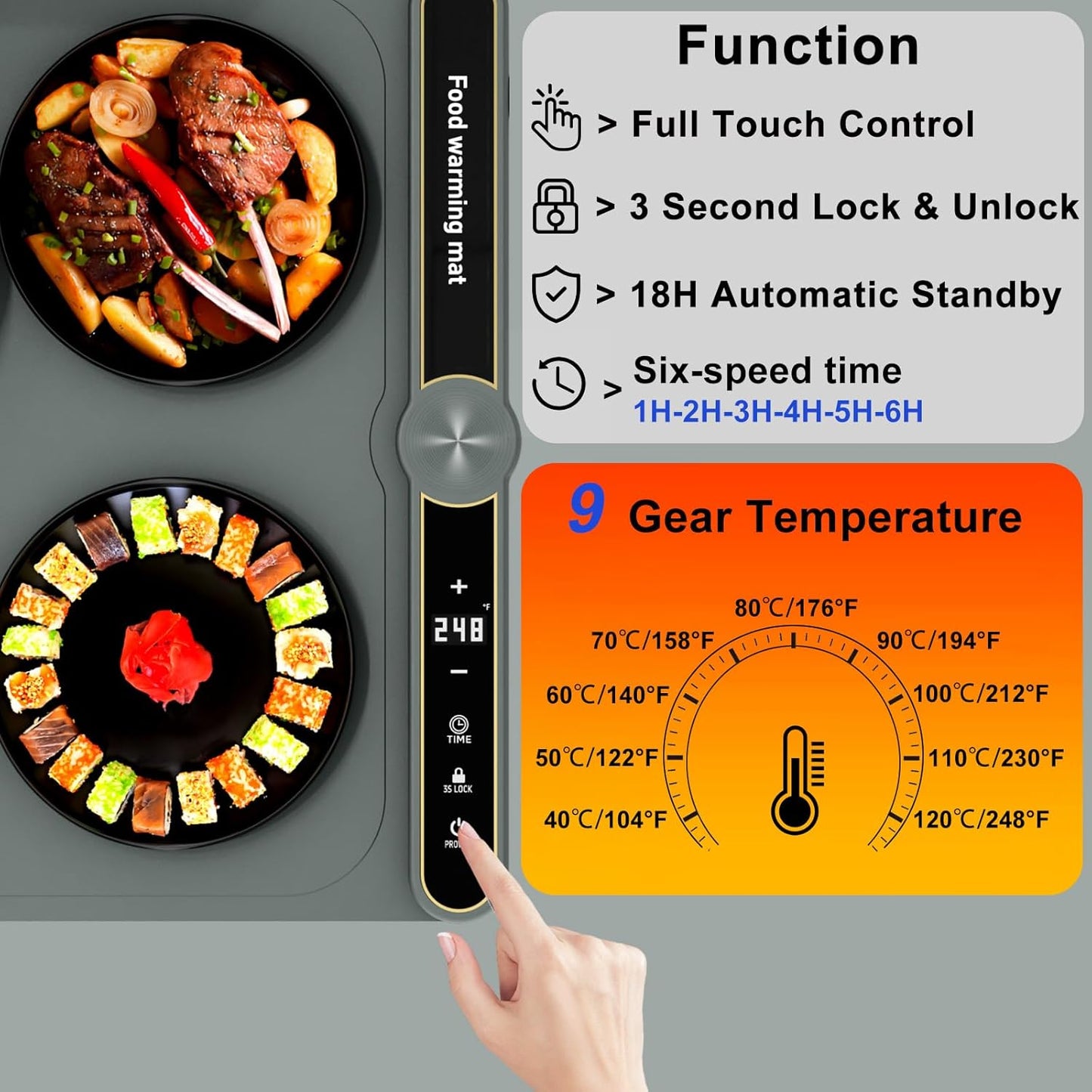 Warming Mat for Food, Rollable Electric Warming Trays for Food with 9 Temperature Settings, Heating Fastly in 10S, Food Warmer Using for Buffets Party and Home Daily, Dark Grey