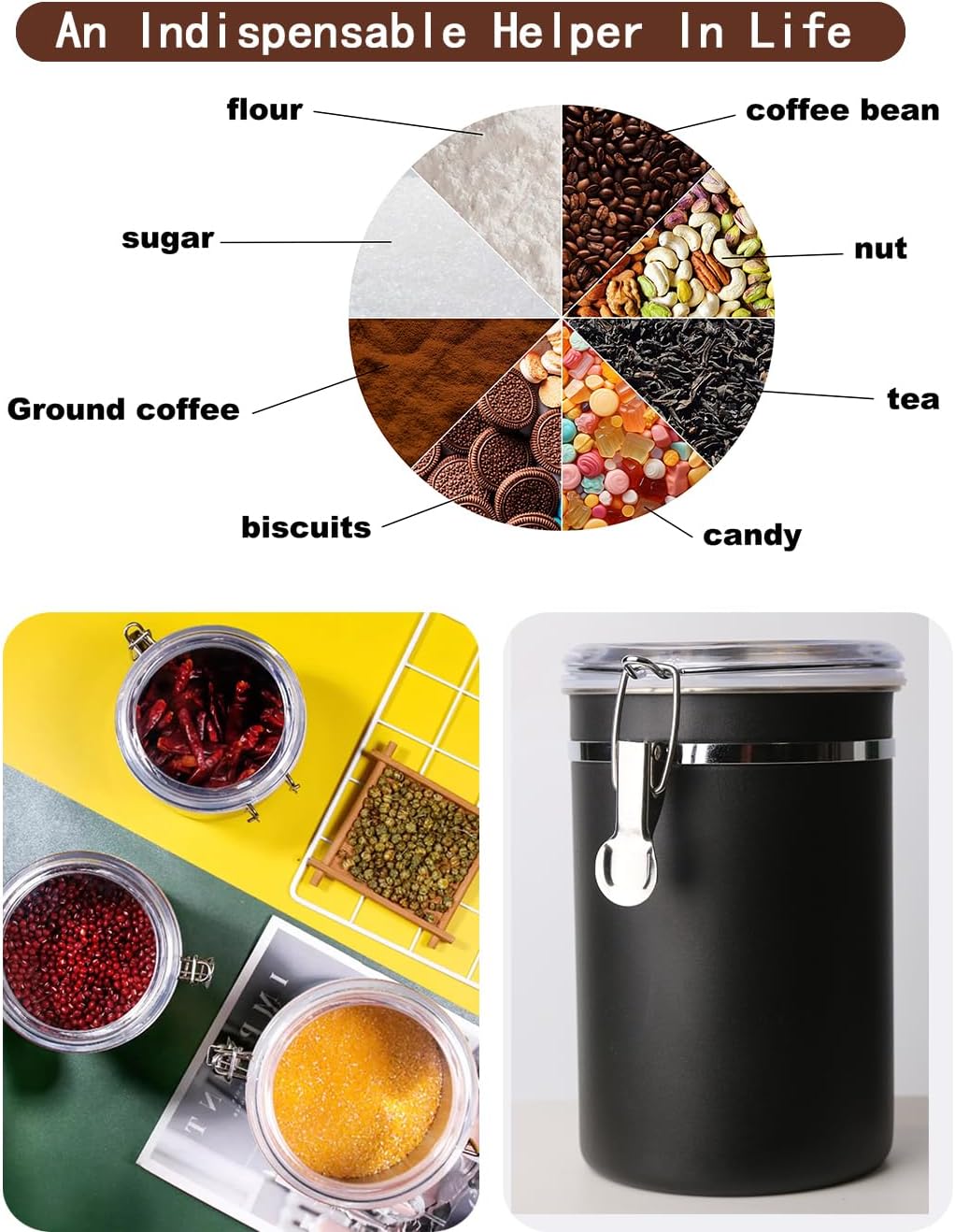 Stainless Steel Food Container with Clear Lids Airtight Container Stackable Small Canisters Kitchen Pantry Storage for Cereal, Snacks, Candy, Herbs, Spices, Sugar, Tea (1.8L Dark Black-2)