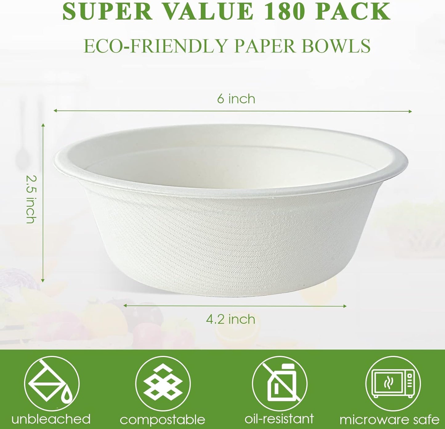 Vplus 180 Pack 16 OZ Paper Bowls, Disposable Compostable Bulk, Eco-friendly Bagasse, Heavy-duty Bowls Perfect for Milk Cereals, Snacks, Salads