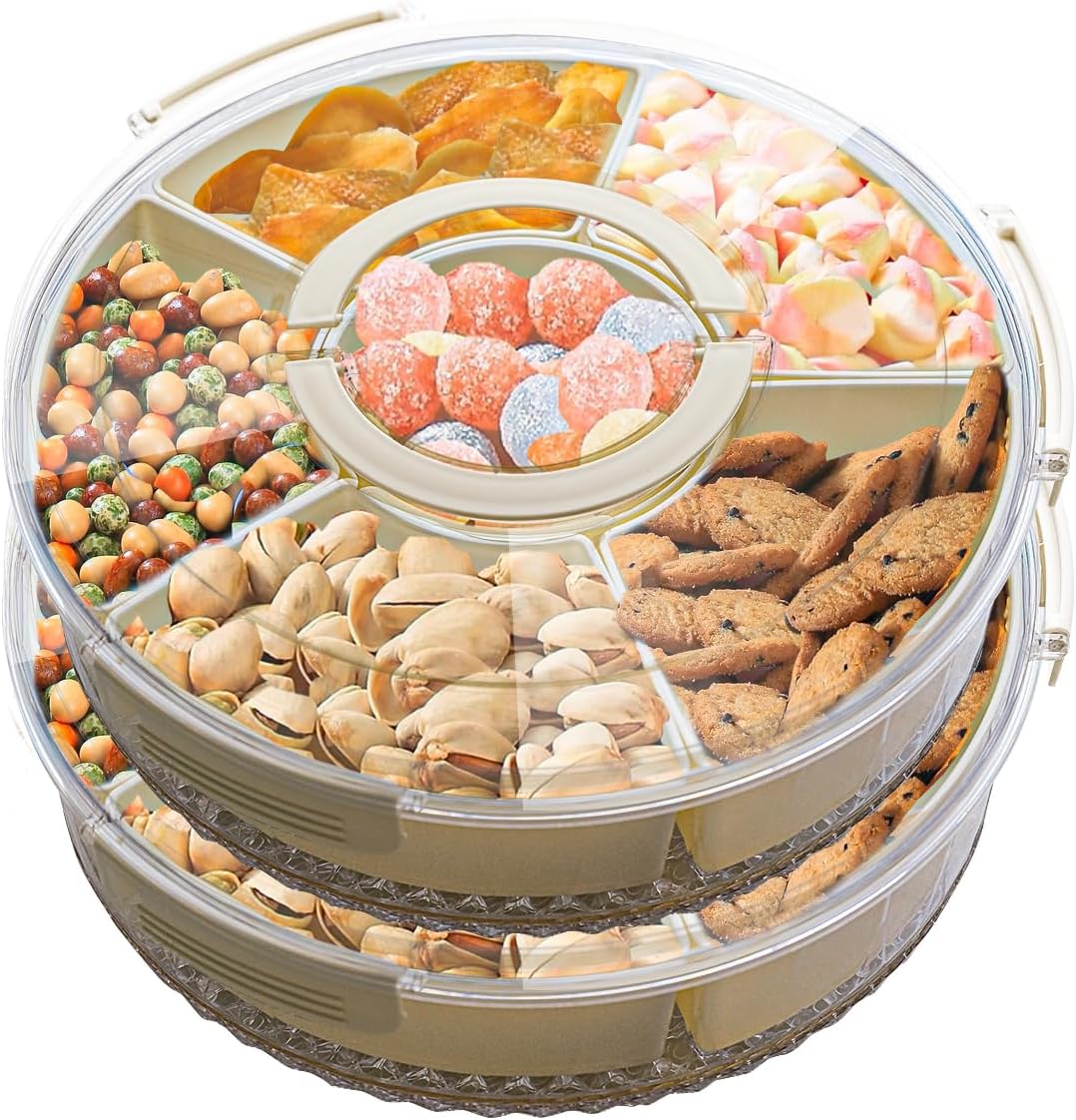 Divided Rotating Serving Tray with Lid & Handle, Portable Snack Spinner for Fruits, Veggies, Charcuterie, Party, Travel, Picnic, and Fridge Storage 2PCS