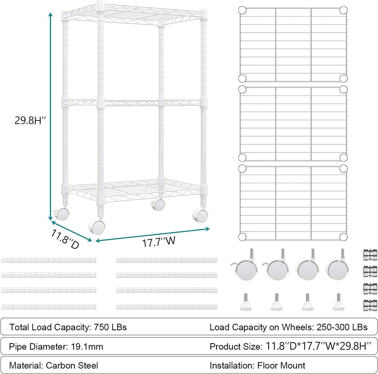 3 Tier Shelf Metal Storage Shelves Wire Rack Closet Organizers with Wheel for Garage Kitchen Bathroom Laundry White 11.8" D x 17.7" W x 29.8" H