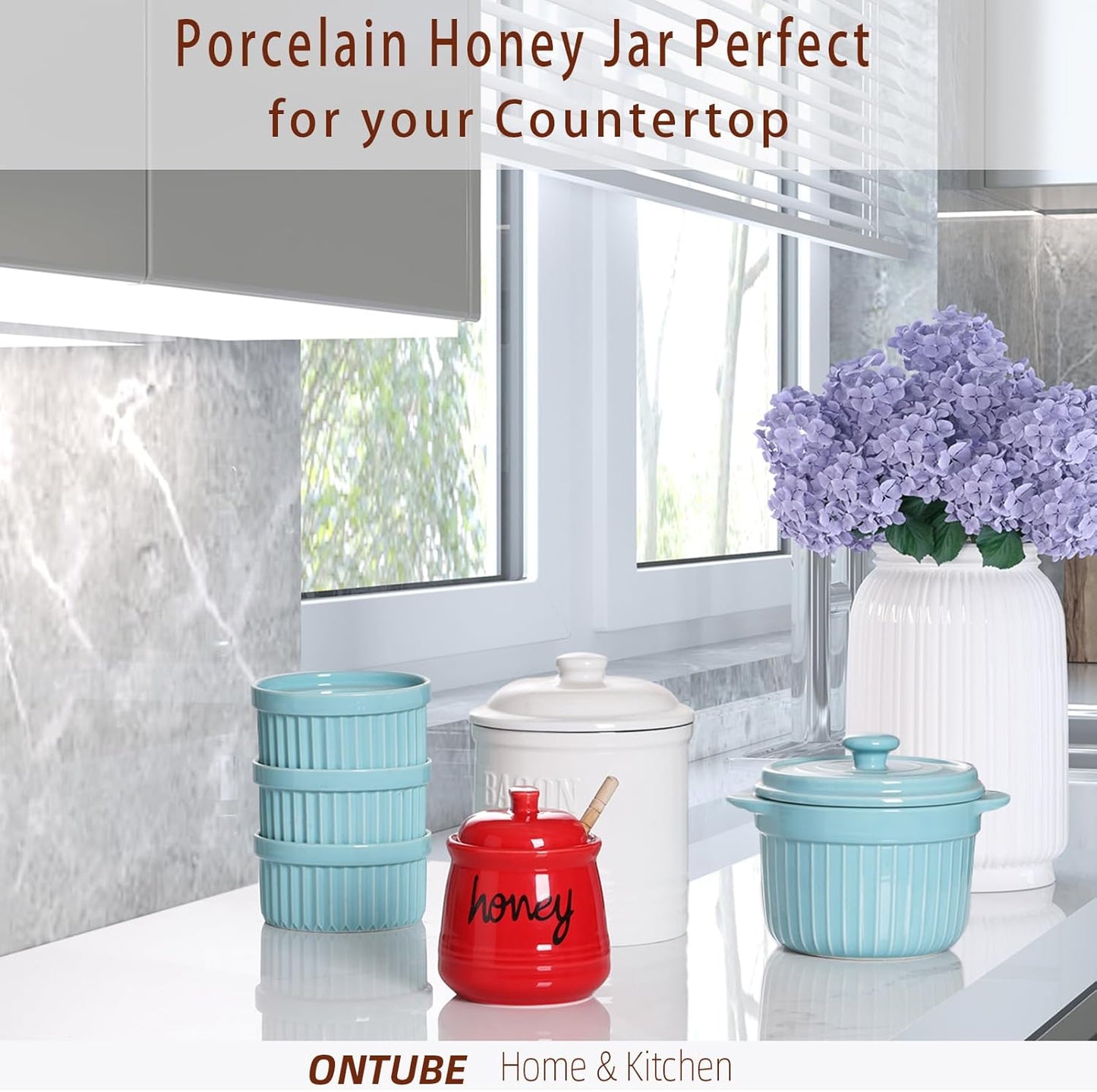 ONTUBE Honey Jar with Dipper and Lid, Ceramic Honey Pot 12oz (Red)