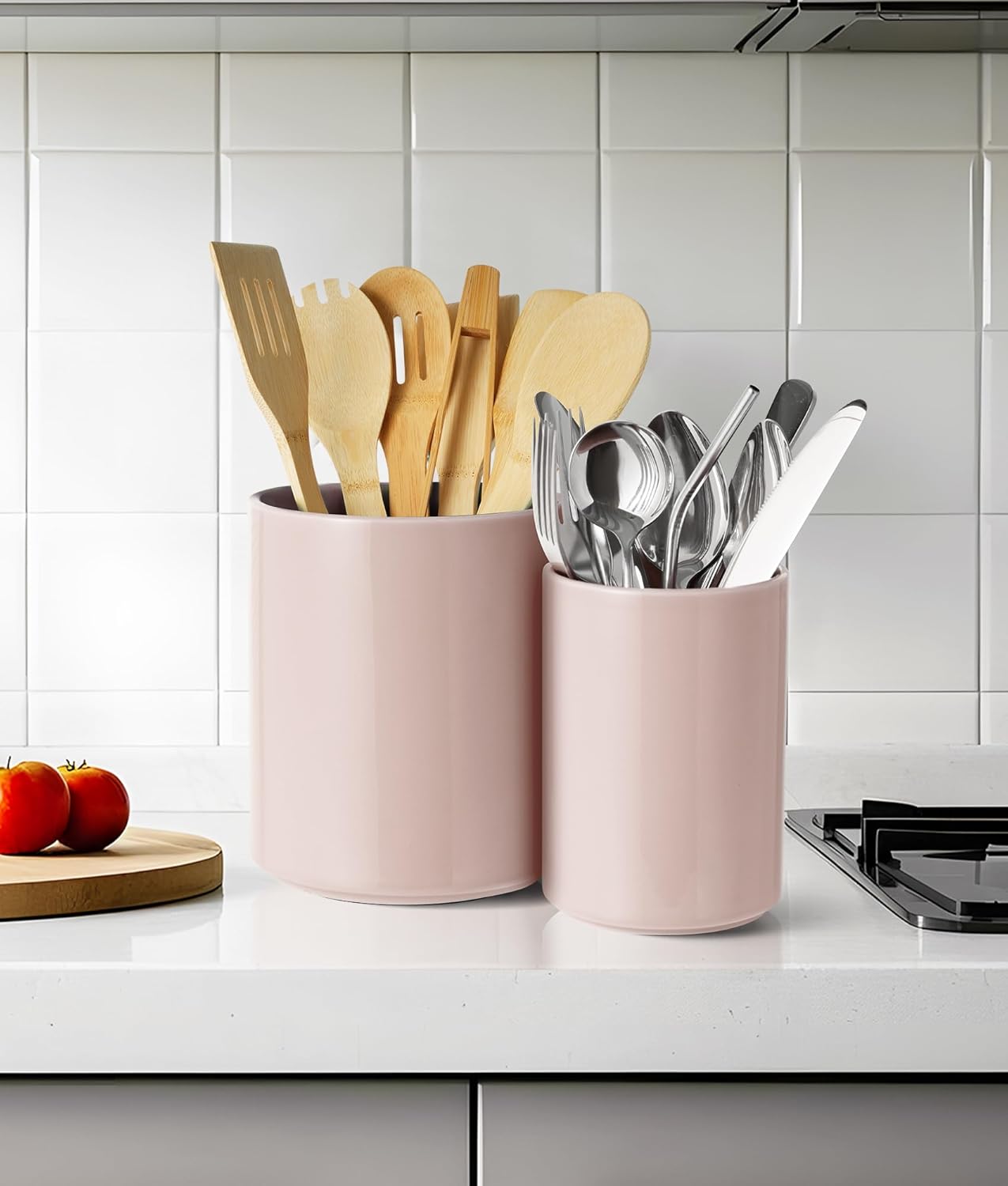 Set of 2 Utensil Holder, 7"+5" Ceramic Kitchen Utensil Holder for Countertop, Large Cooking Utensil Crocks for Counter, Morden Utensil Organizer for Spatula, Kitchen Decor (Red)