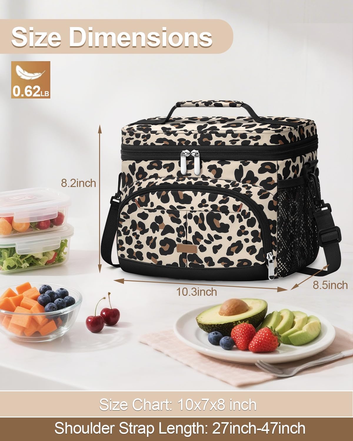 Lunch Box for Man Women, Insulated Lunch Bag Cooler Bag Leakproof Lunchbox Lunch Tote Bags with Removable Strap for Work School Picnic Travel (Leopard/12L