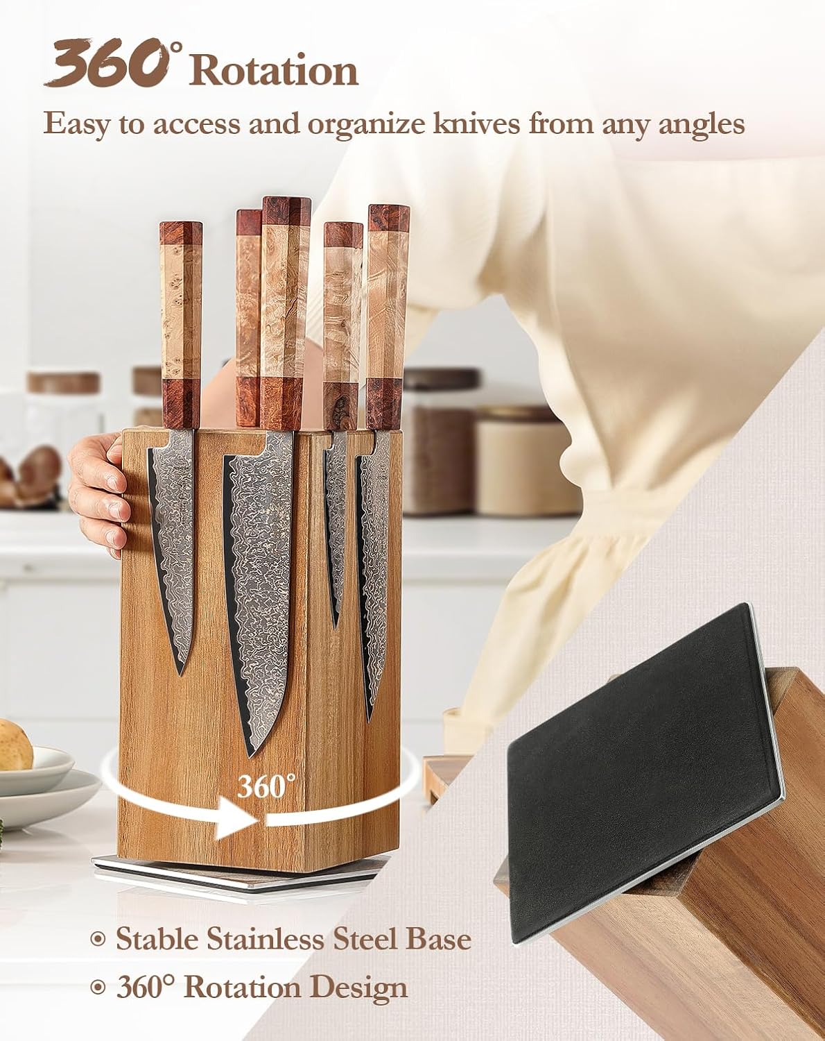 HEZHEN Magnetic Rotating Knife Holder without Knives, Acacia Wood, 360° Knife Block for Kitchen Counter, Space-saving and Larger Capacity Knife Storage, Strong Enhanced Magnets Strip