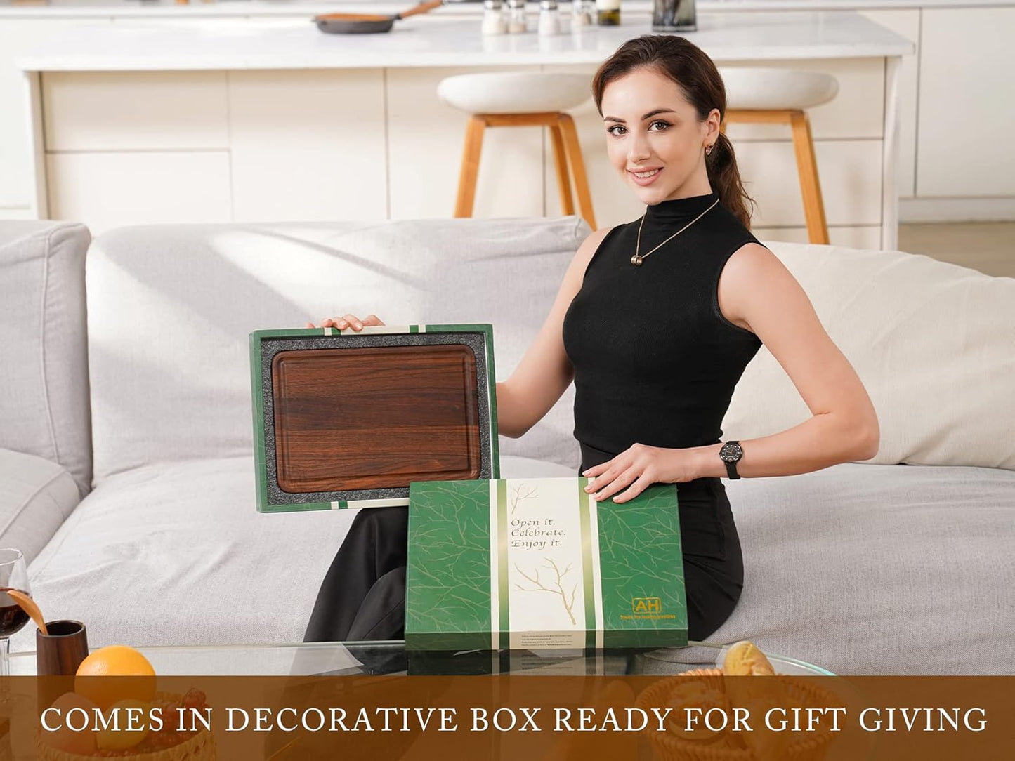 AZRHOM Small Walnut Wood Cutting Board for Kitchen 12x8 in (Gift Box) with Juice Groove Handles Non-slip Mats Thick Reversible Butcher Block Chopping Board