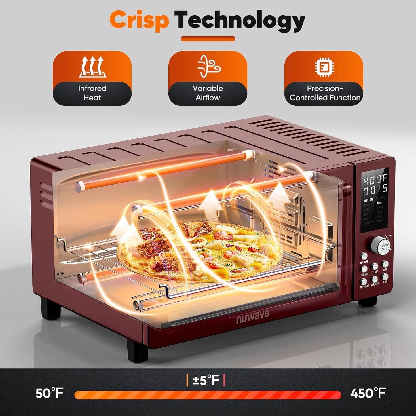 Nuwave Bravo Pro Smart Air Fryer Toaster Oven Combo, 12-in-1 Functions with Quicker & Even Crisp Technology, 1800W, 50-450°F, PFAS-Free, 21QT, Cinnamon