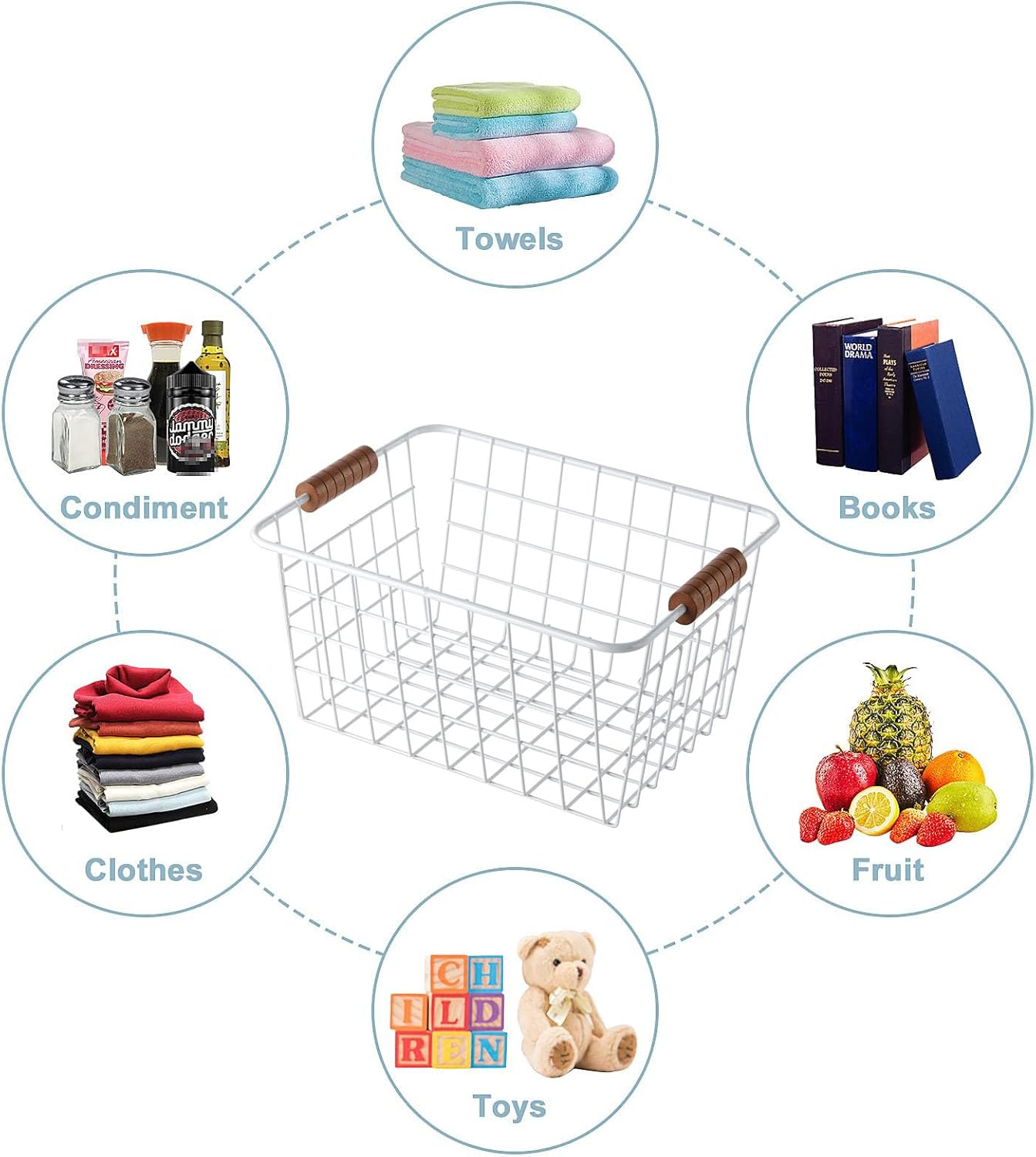 Wire Kitchen Storage Basket 2 Packs,Perfect Pantry Organization Accessories Baskets,Laundry Basket,With a Wooden Handle,Suitable for Kitchen,Bathroom,Bedroom,Tabletop,Stackable,White