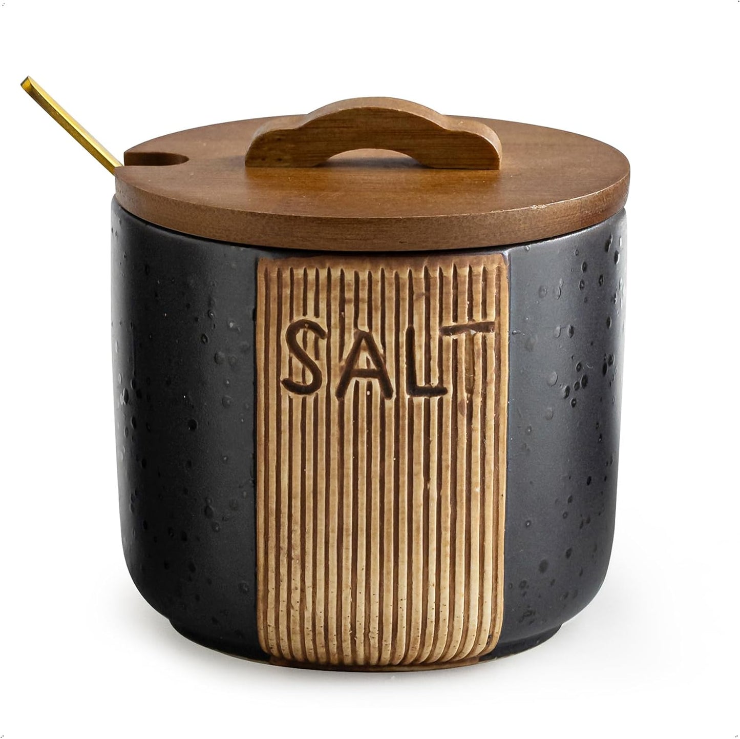 Salt Container for Countertop, Ceramic Salt Cellar with Lid & Spoon, Farmhouse Salt Bowl, 10 OZ, Black